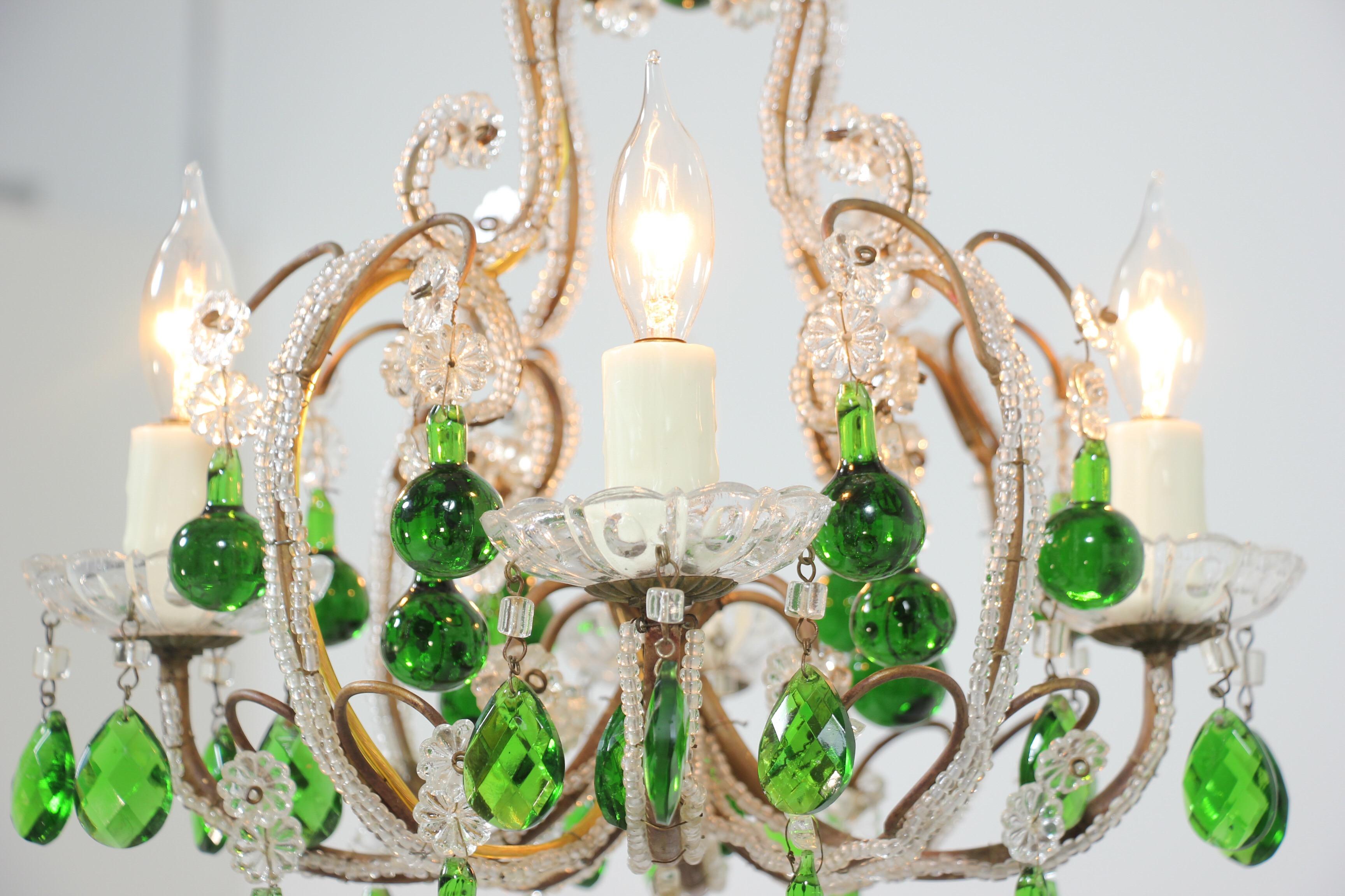 Louis XVI Italian Crystal Beaded Chandelier with Green Drops