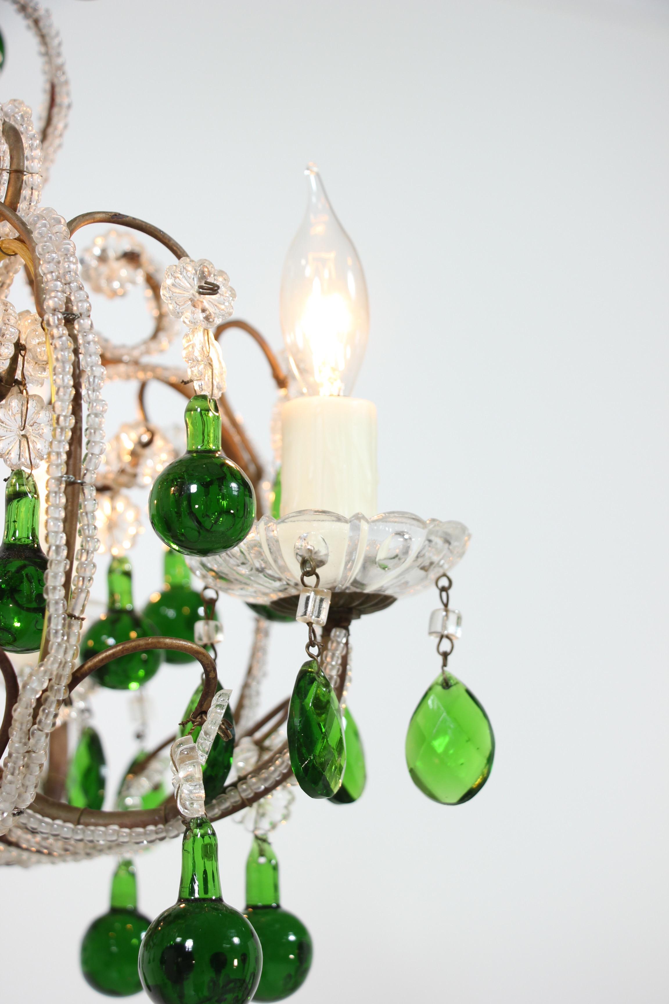Italian Crystal Beaded Chandelier with Green Drops In Good Condition In Los Angeles, CA