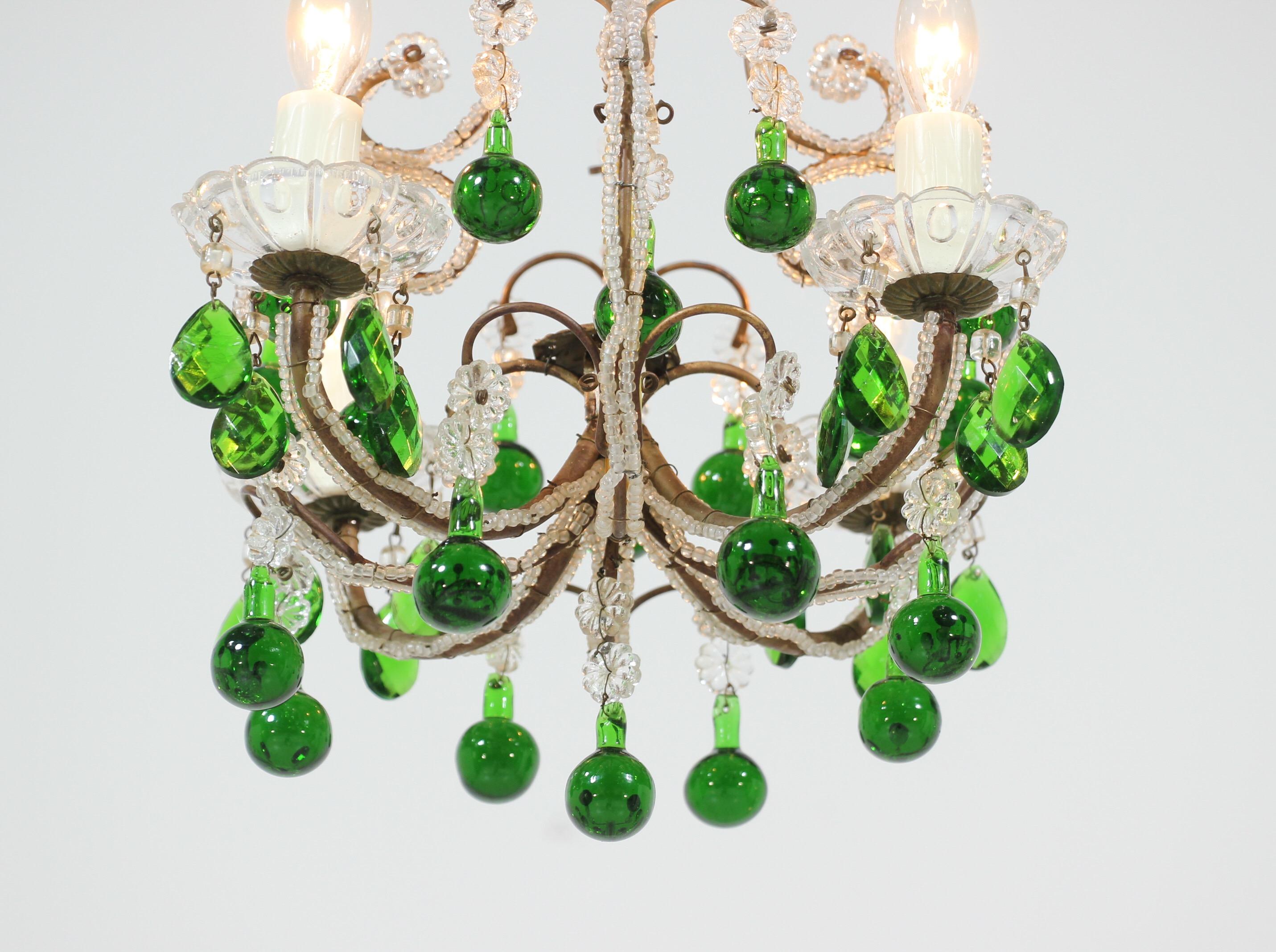 Mid-20th Century Italian Crystal Beaded Chandelier with Green Drops