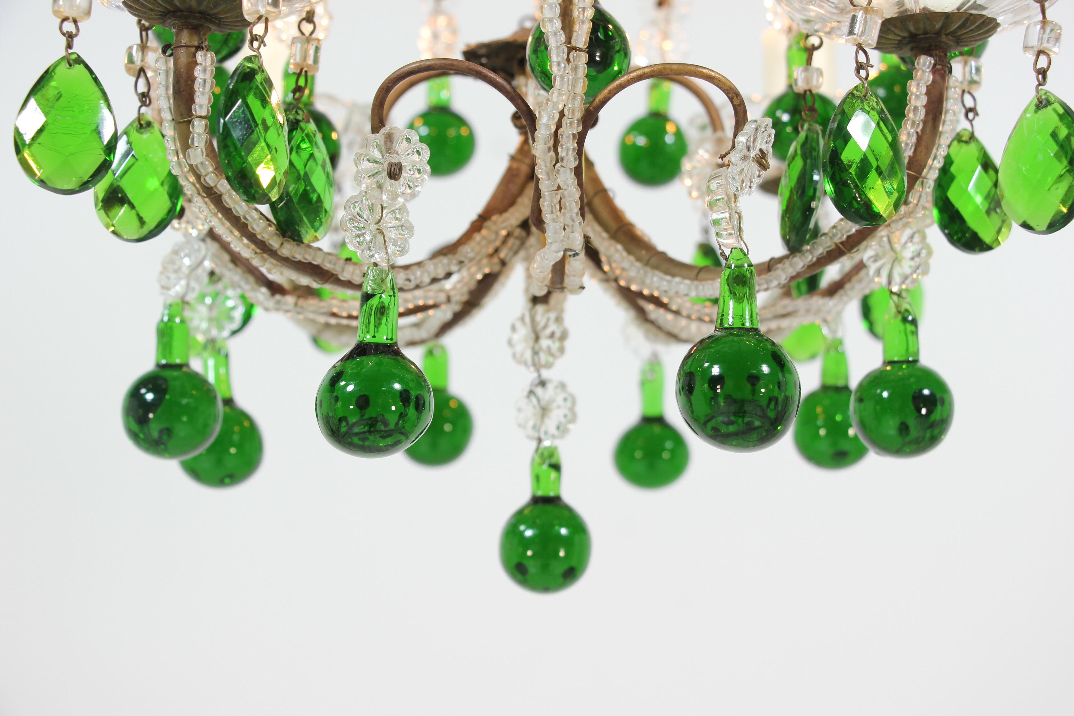 Art Glass Italian Crystal Beaded Chandelier with Green Drops