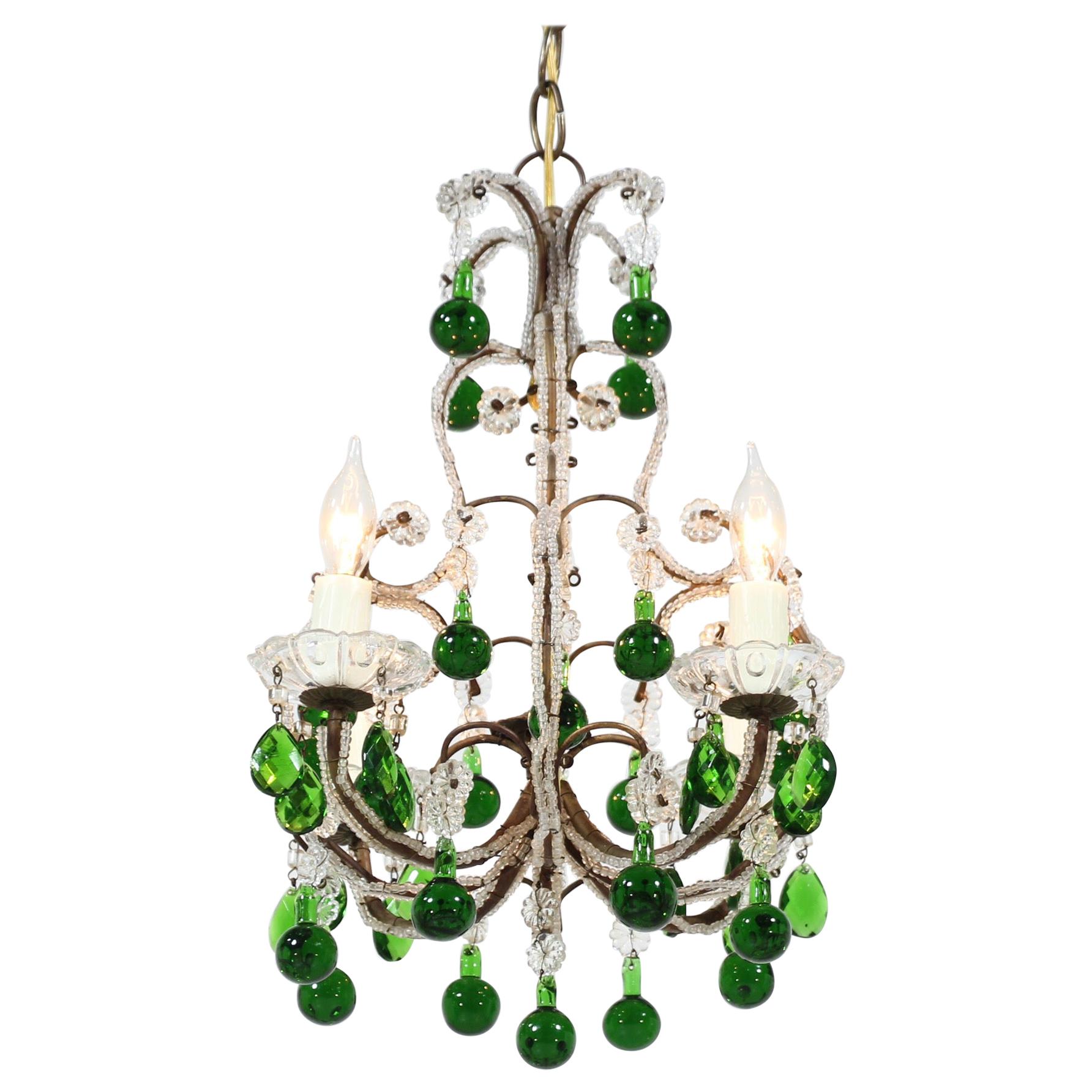 Italian Crystal Beaded Chandelier with Green Drops