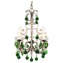 Vintage Italian Crystal Beaded Chandelier with Green Drops