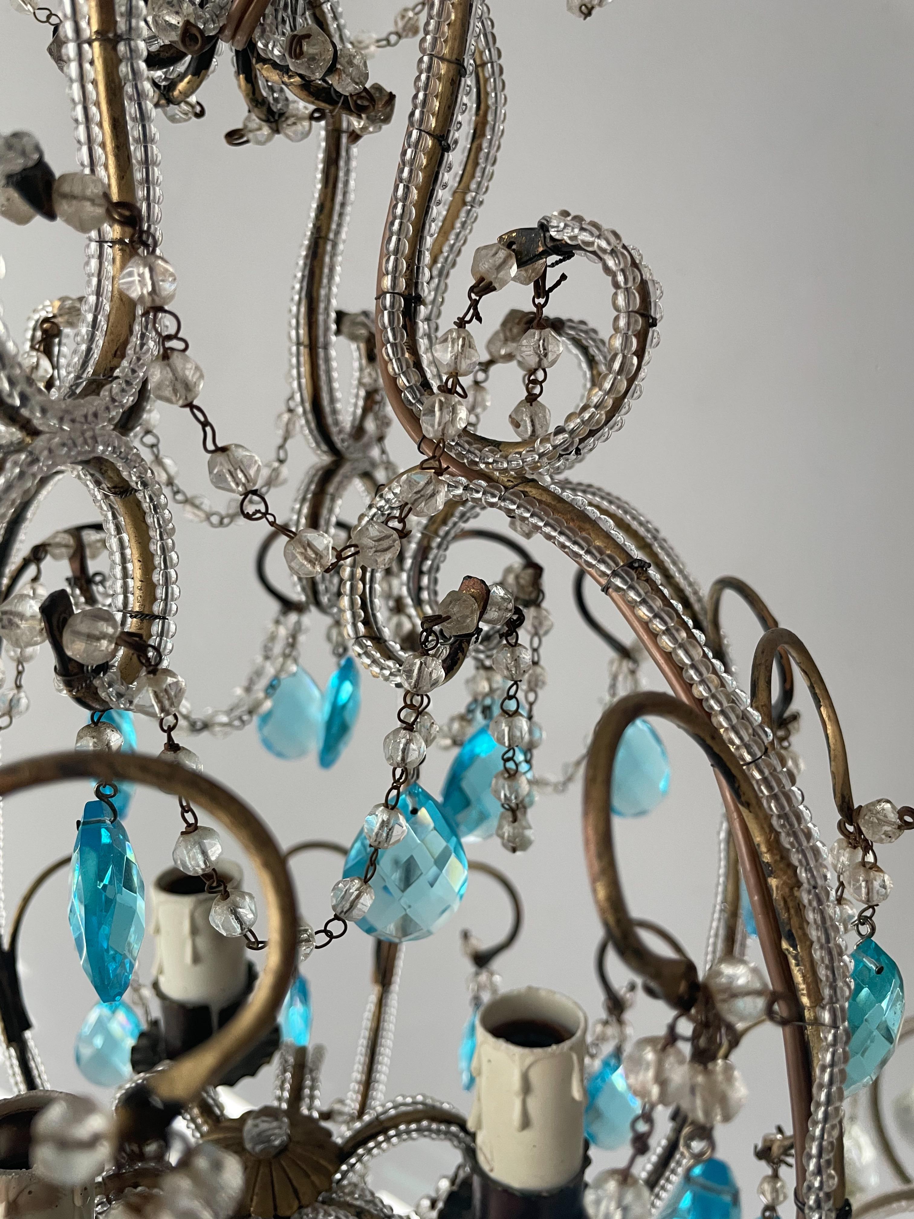 Italian Crystal Beaded Chandelier with Turquoise Glass Prisms In Good Condition In Los Angeles, CA