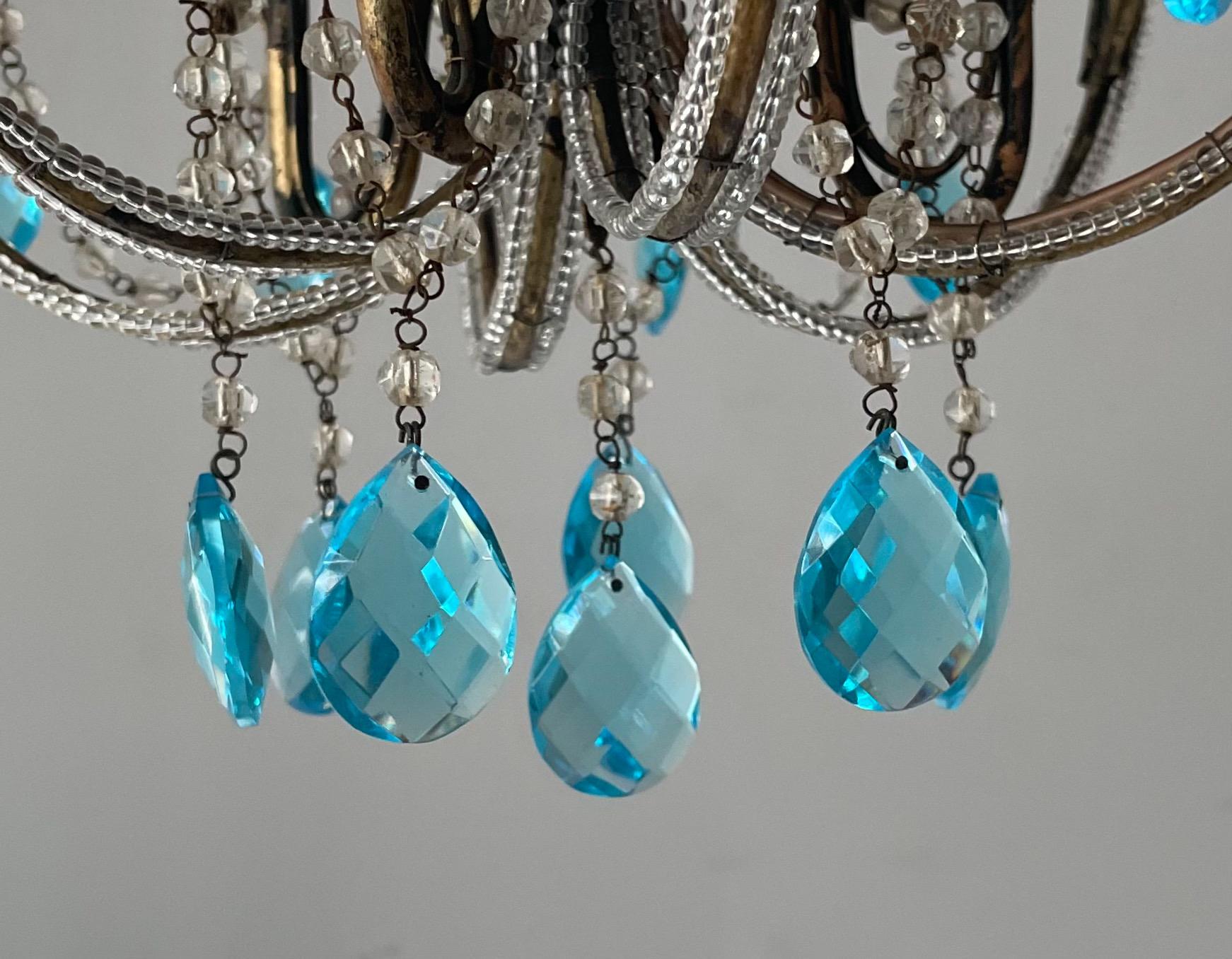 Mid-20th Century Italian Crystal Beaded Chandelier with Turquoise Glass Prisms 