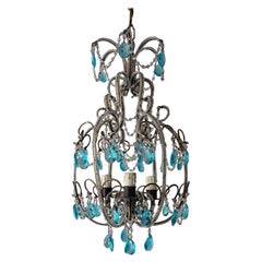 Italian Crystal Beaded Chandelier with Turquoise Glass Prisms