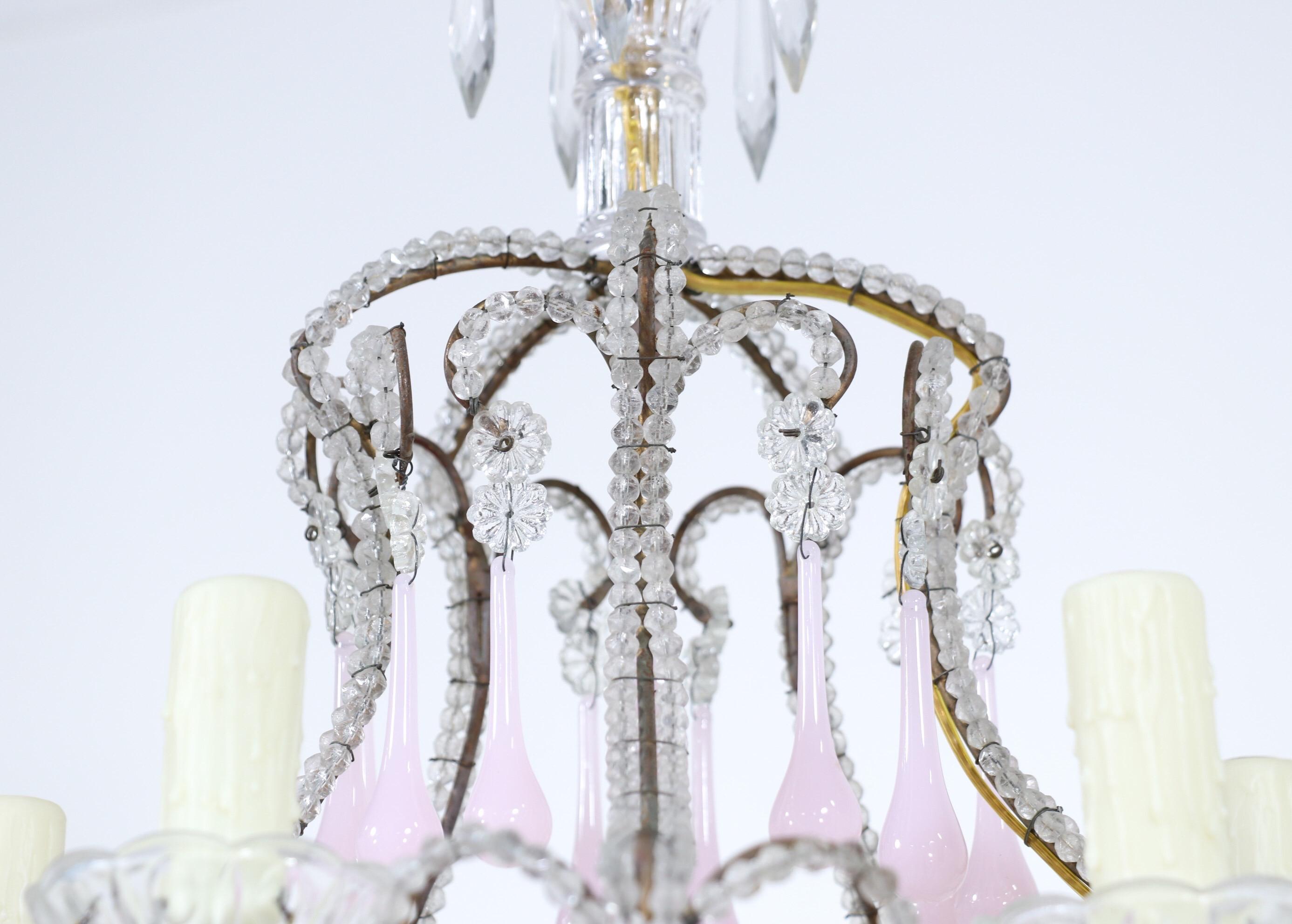 Louis XVI Italian Crystal Beaded Pink Opaline Chandelier For Sale