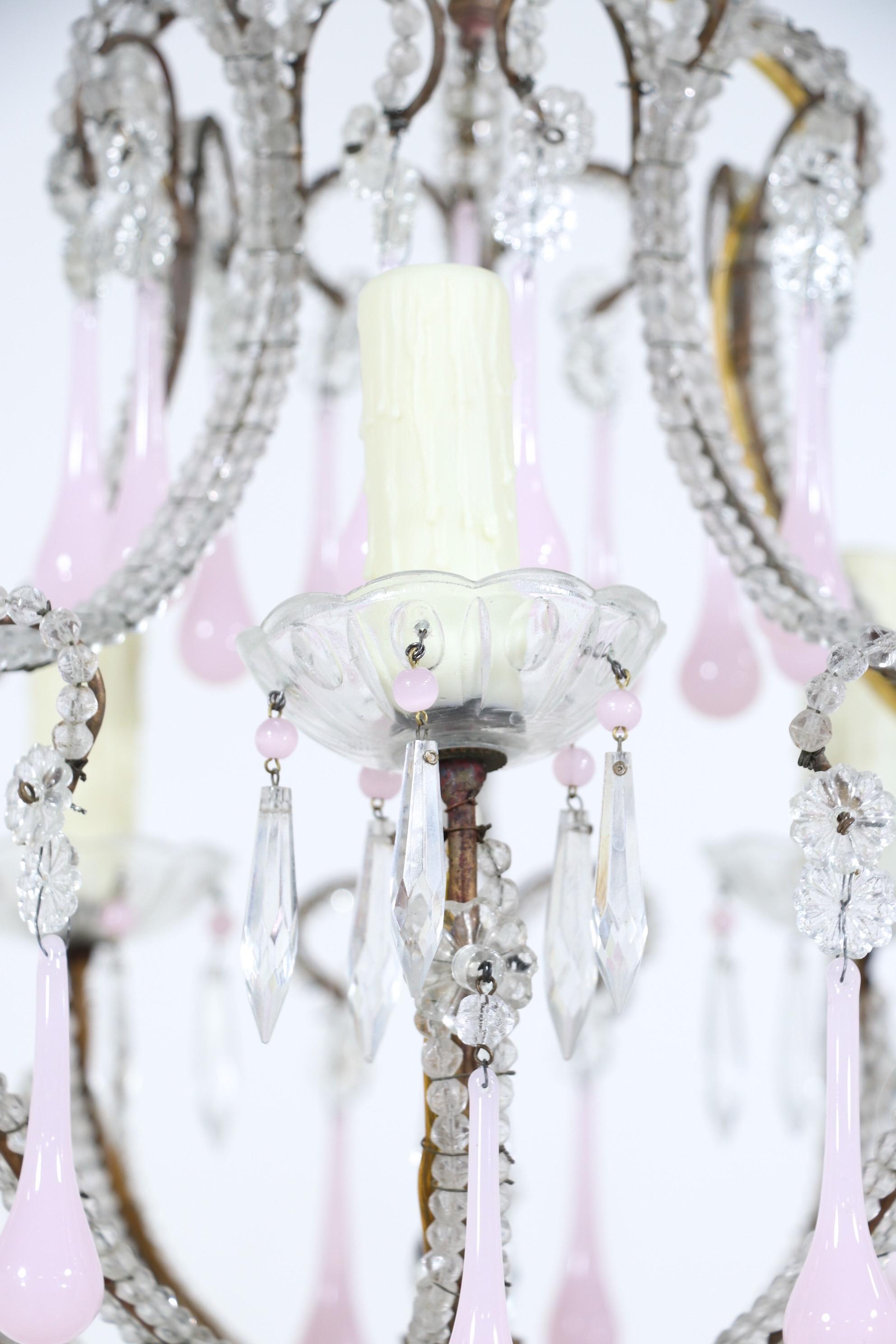 Italian Crystal Beaded Pink Opaline Chandelier In Good Condition For Sale In Los Angeles, CA