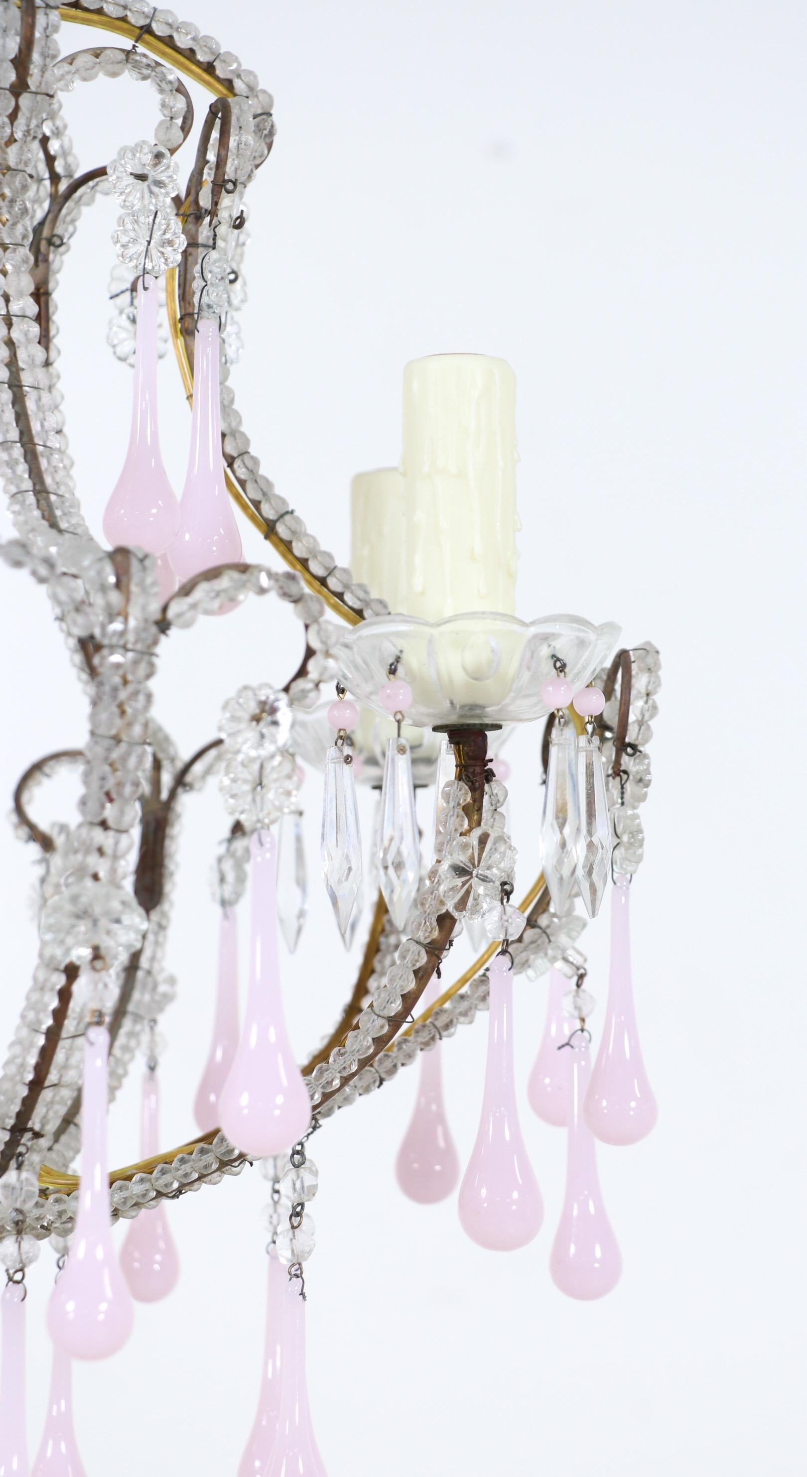 Mid-20th Century Italian Crystal Beaded Pink Opaline Chandelier For Sale