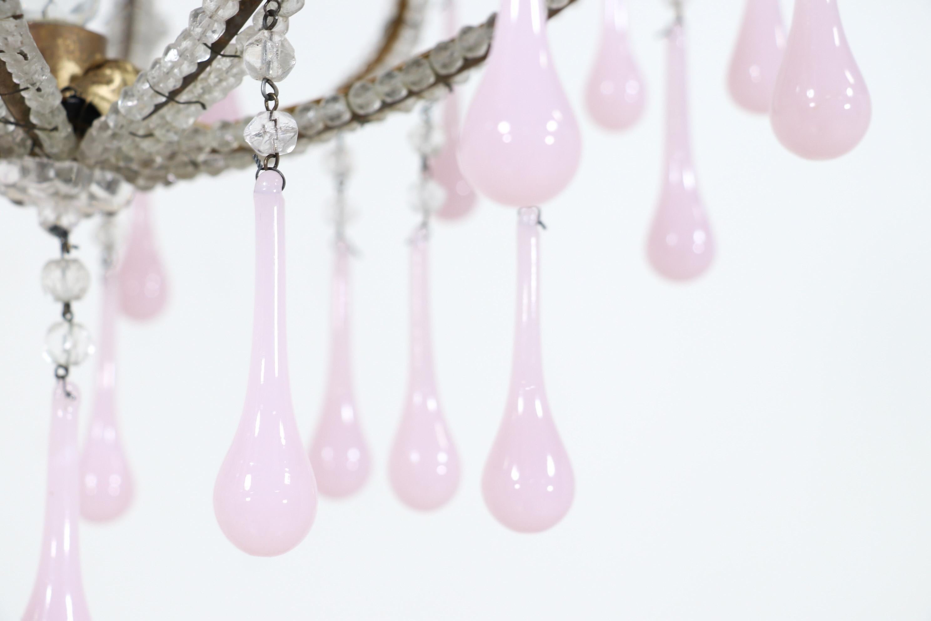 Art Glass Italian Crystal Beaded Pink Opaline Chandelier For Sale