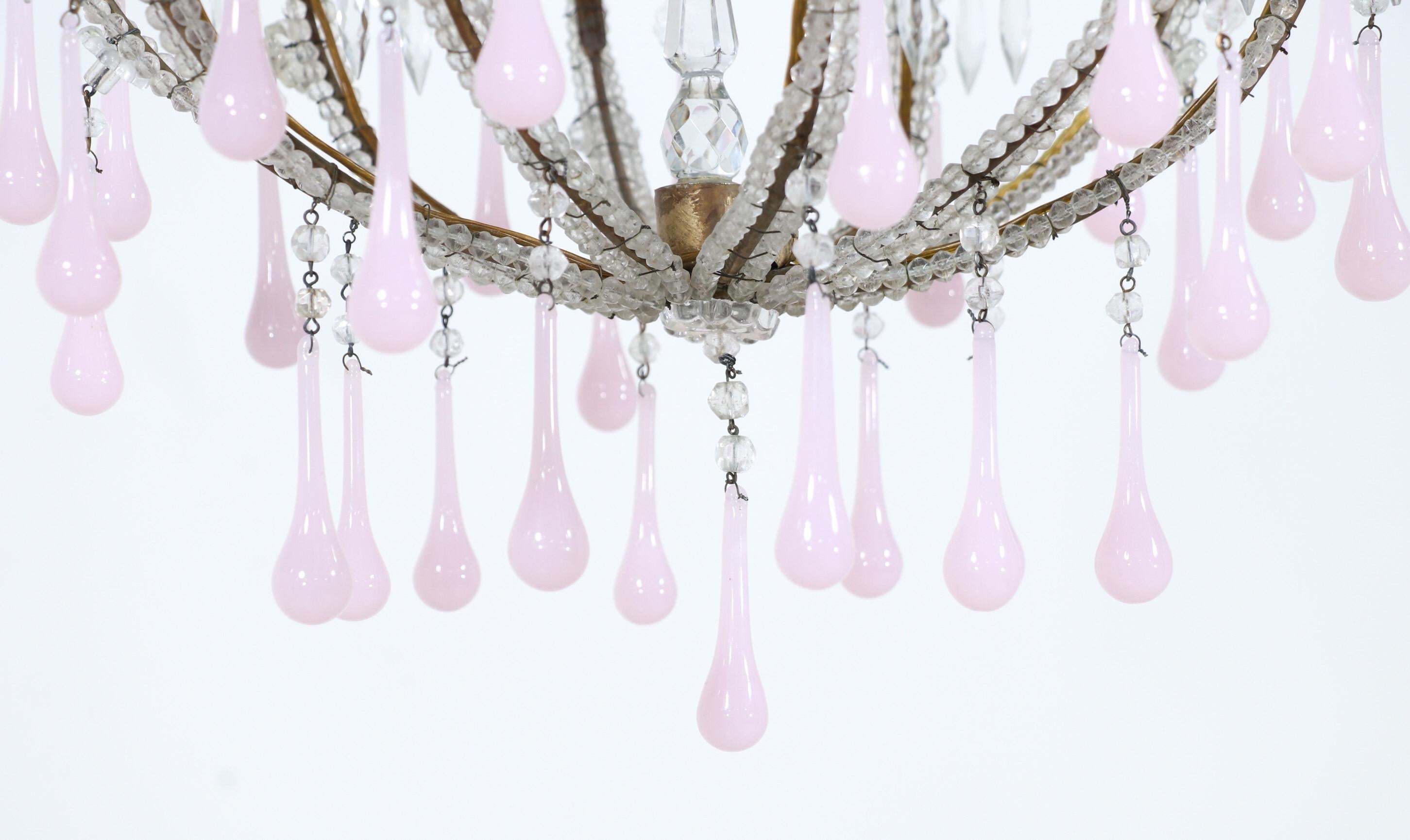 Italian Crystal Beaded Pink Opaline Chandelier For Sale 1