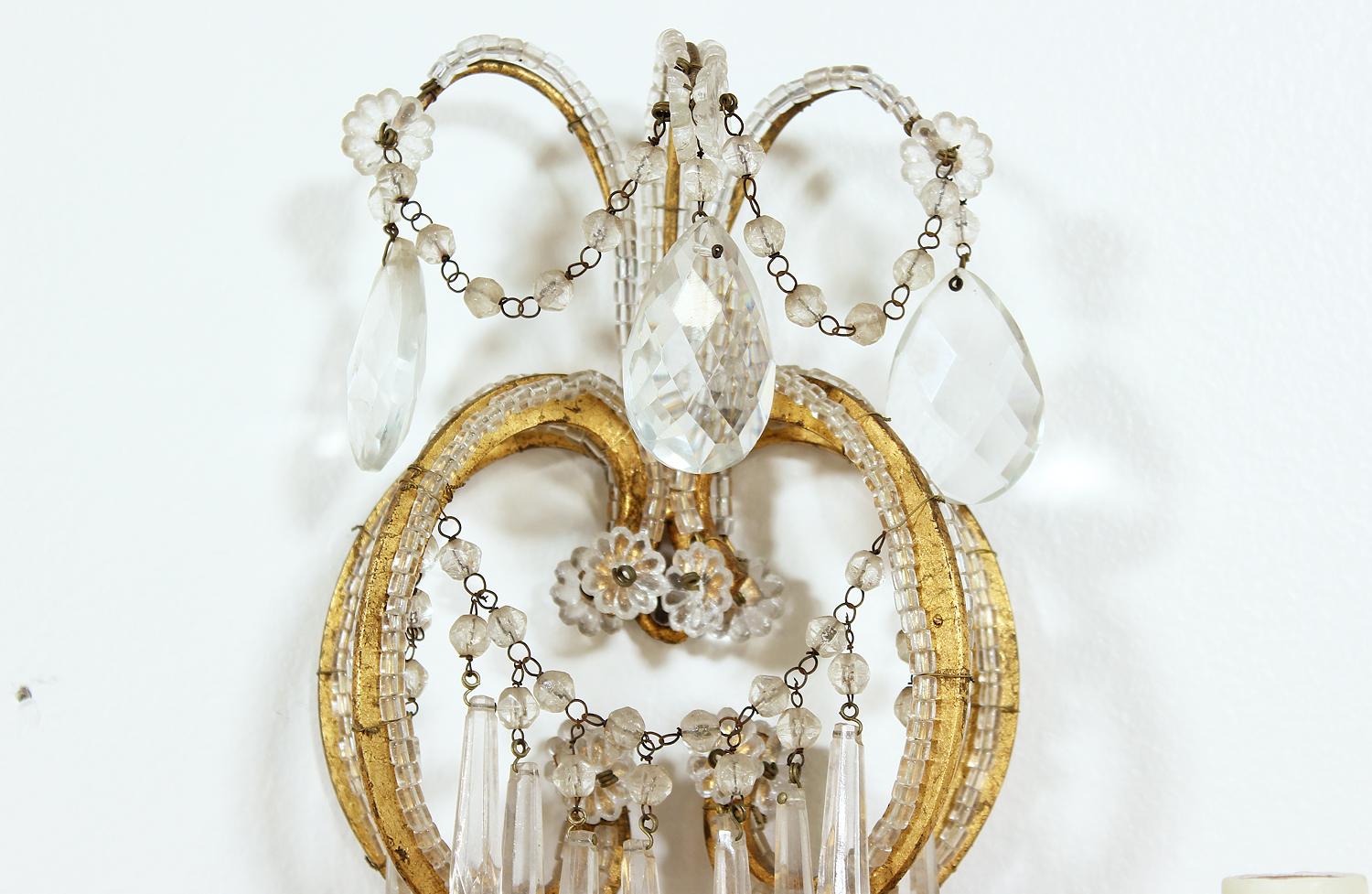 Gilt Pair of 1920's Italian Crystal Beaded Sconces