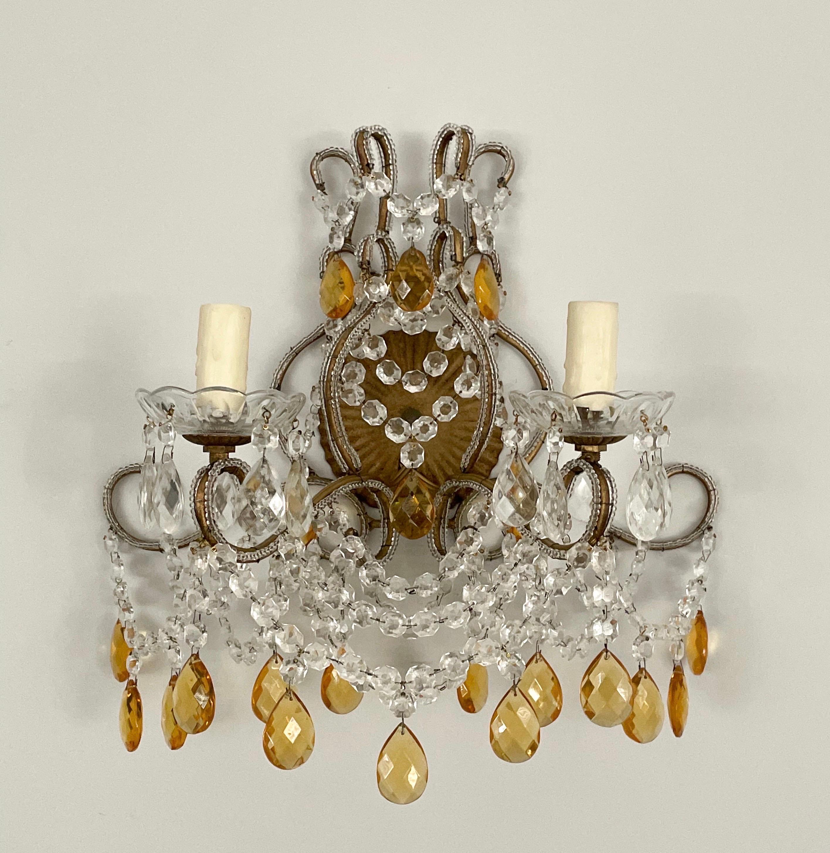 Louis XVI Italian Crystal Beaded Sconces With Amber Prisms  For Sale