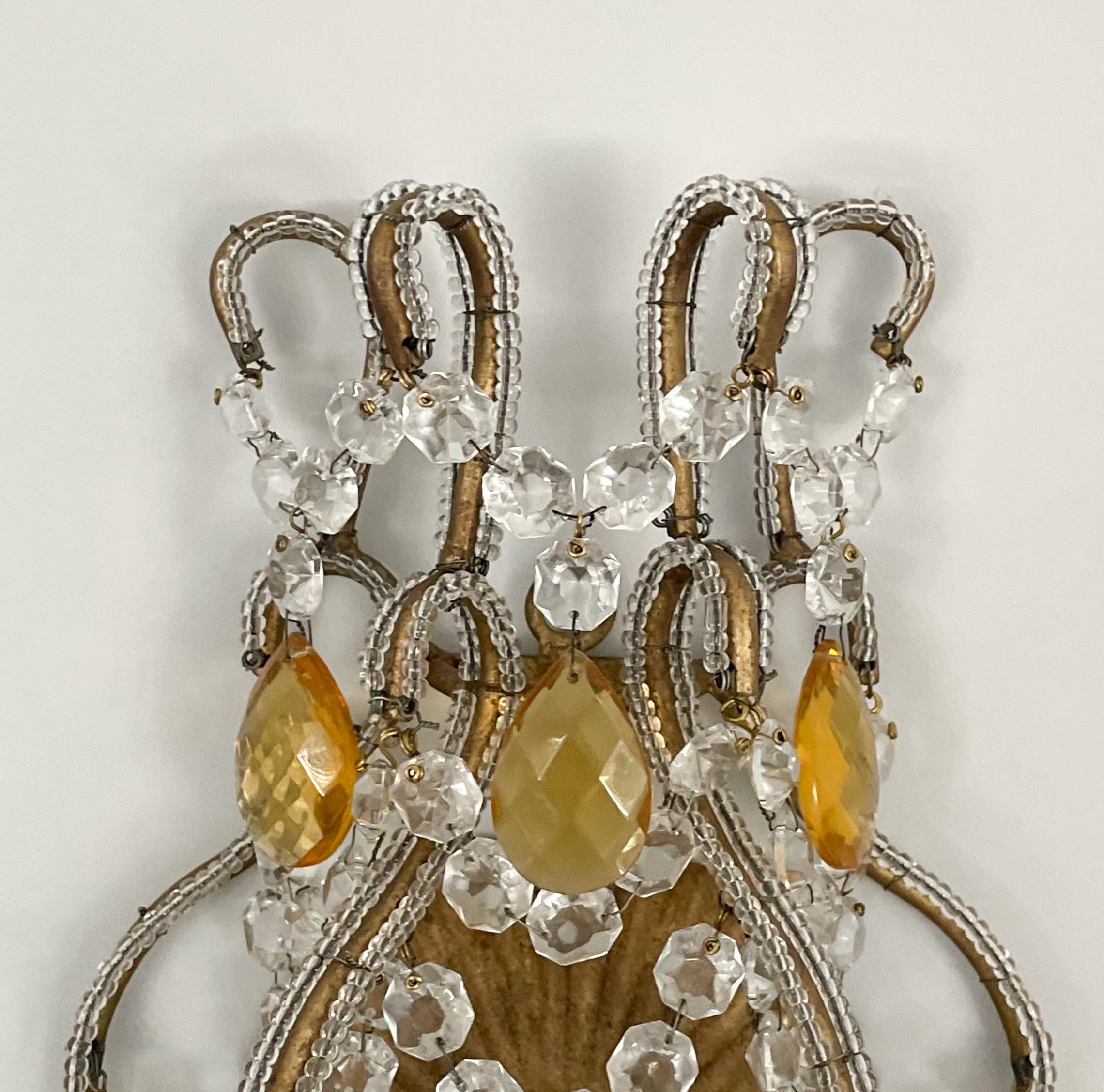 Italian Crystal Beaded Sconces With Amber Prisms  In Good Condition For Sale In Los Angeles, CA