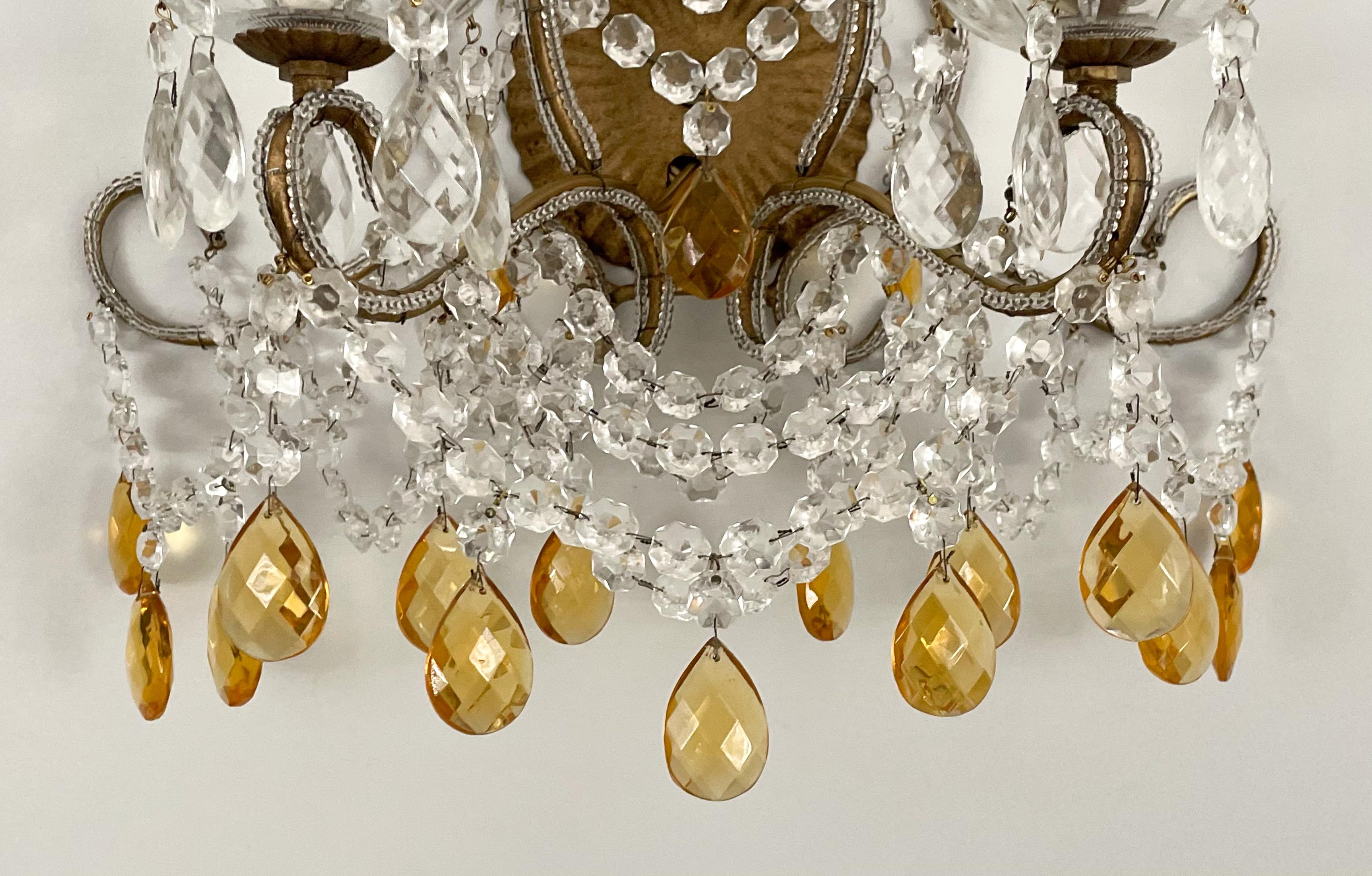 Art Glass Italian Crystal Beaded Sconces With Amber Prisms  For Sale