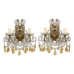 Italian Crystal Beaded Sconces With Amber Prisms
