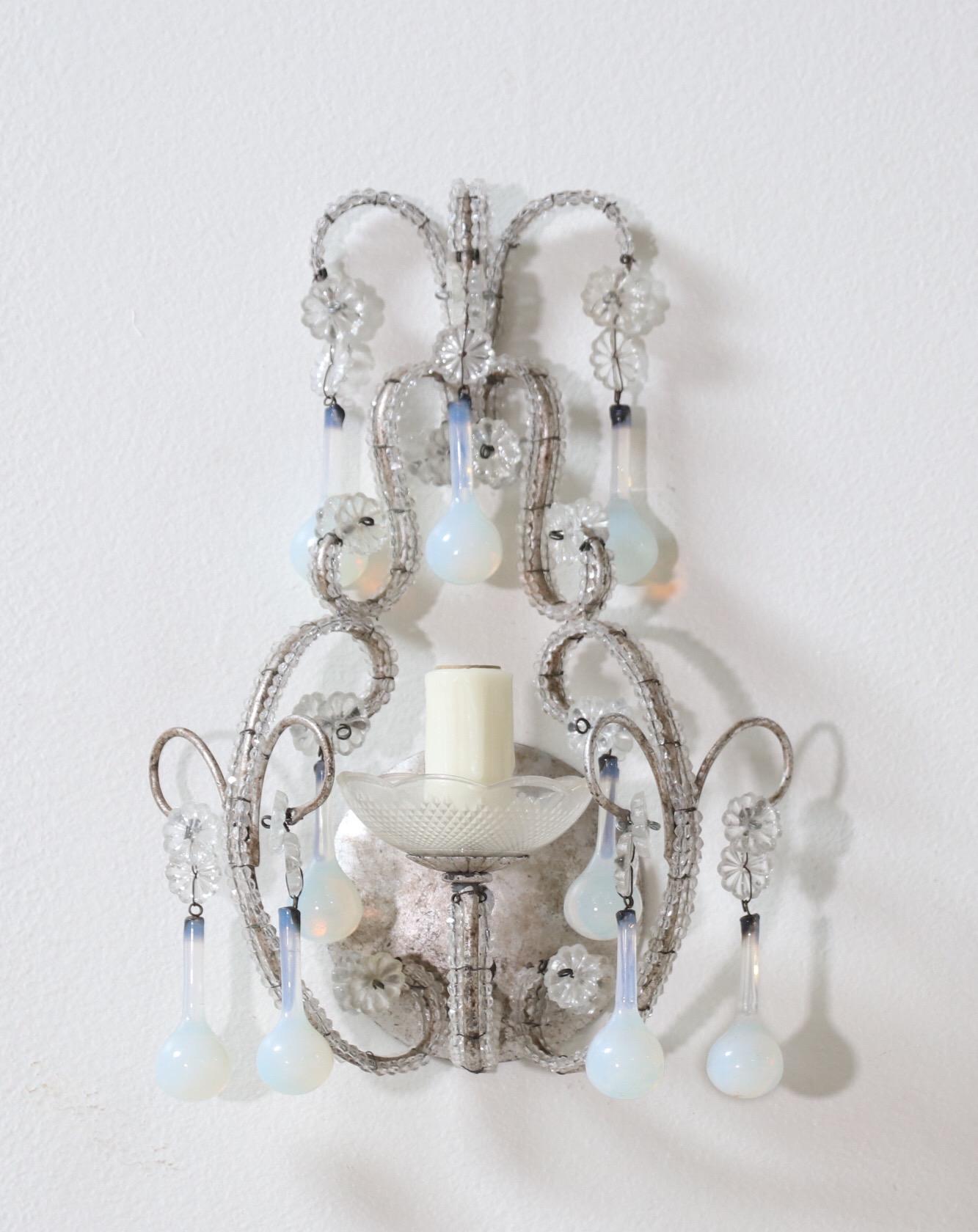 Louis XVI Italian Crystal Beaded Sconces with Opaline Drops