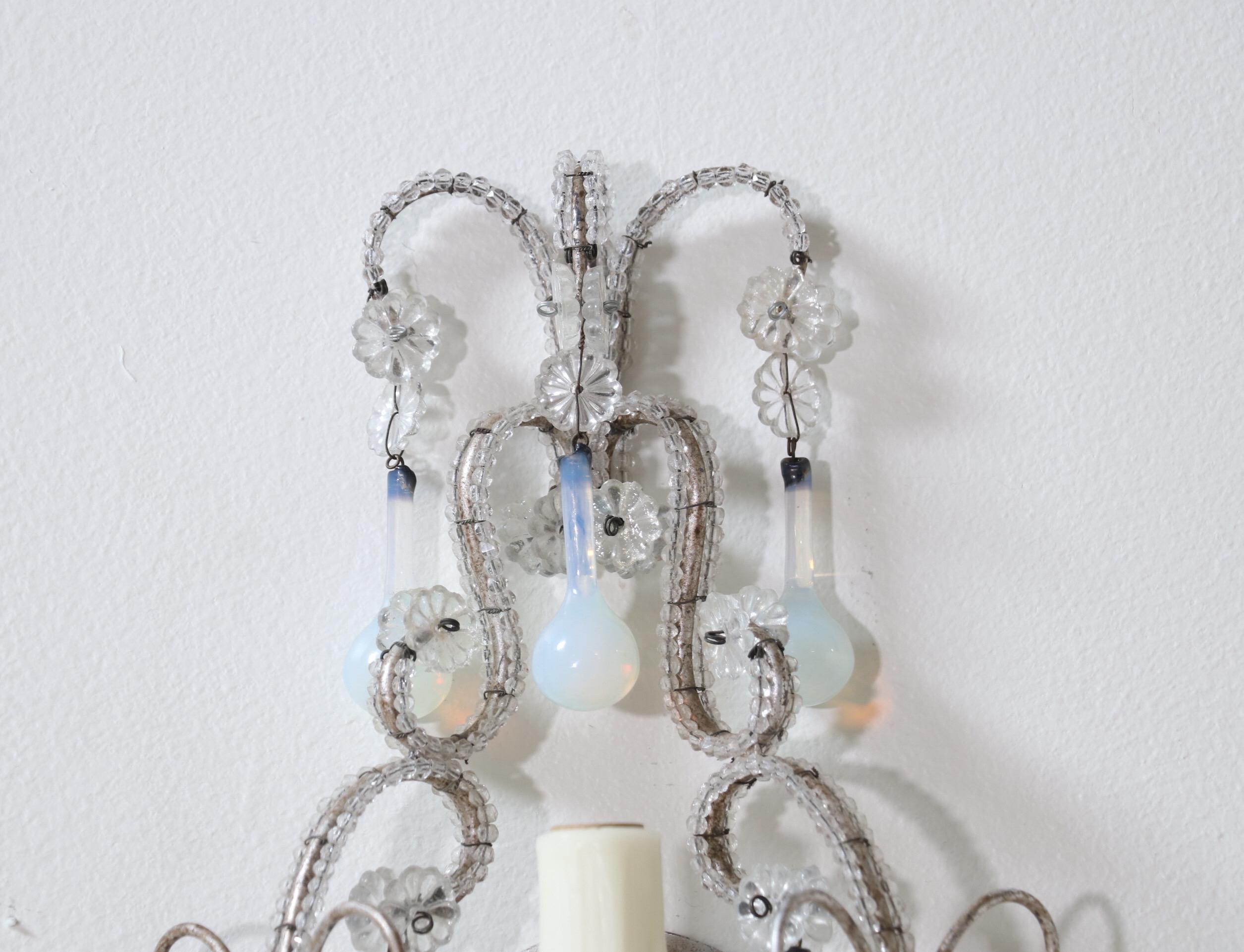 Italian Crystal Beaded Sconces with Opaline Drops In Good Condition In Los Angeles, CA