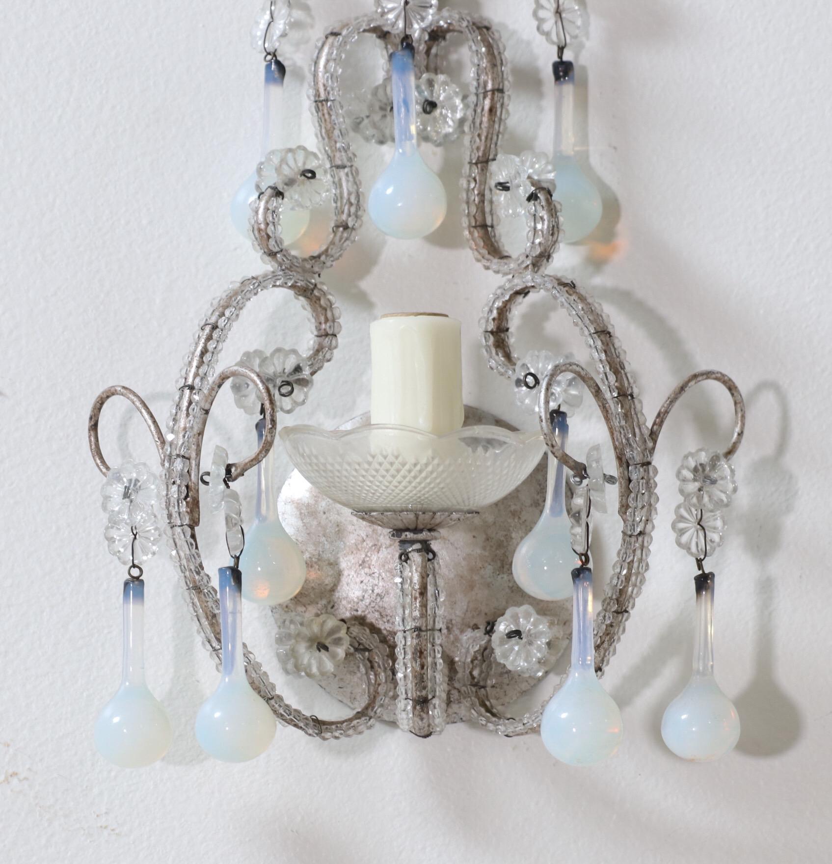 Mid-20th Century Italian Crystal Beaded Sconces with Opaline Drops