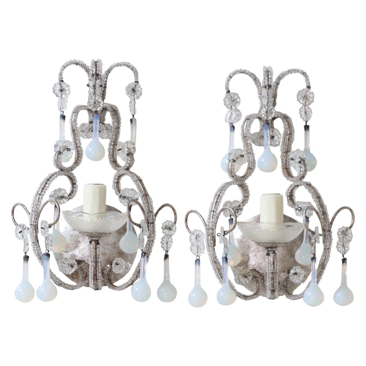 Italian Crystal Beaded Sconces with Opaline Drops