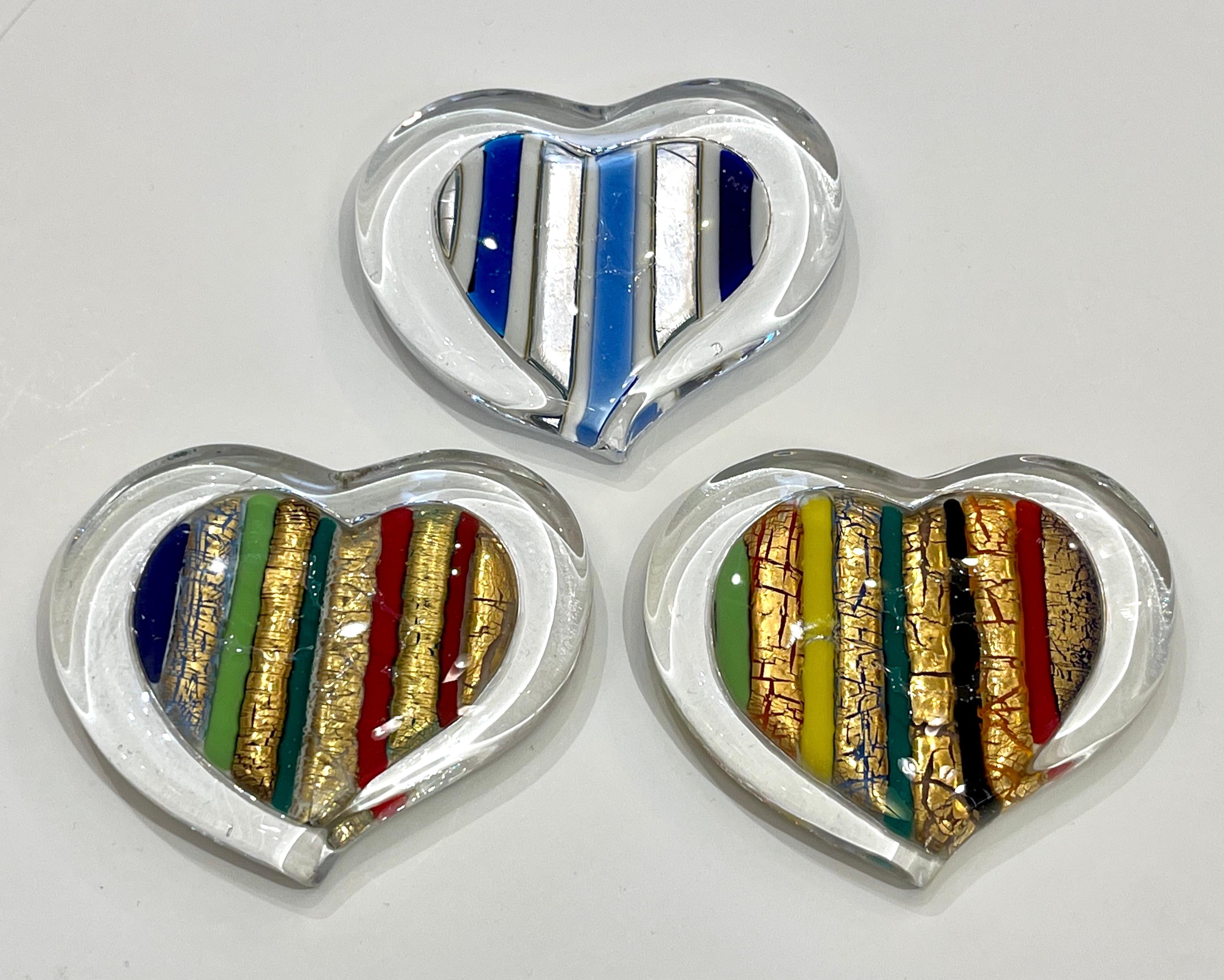 Italian Crystal Blue Green Gold Red Murano Glass Heart Shaped Modern Paperweight 3