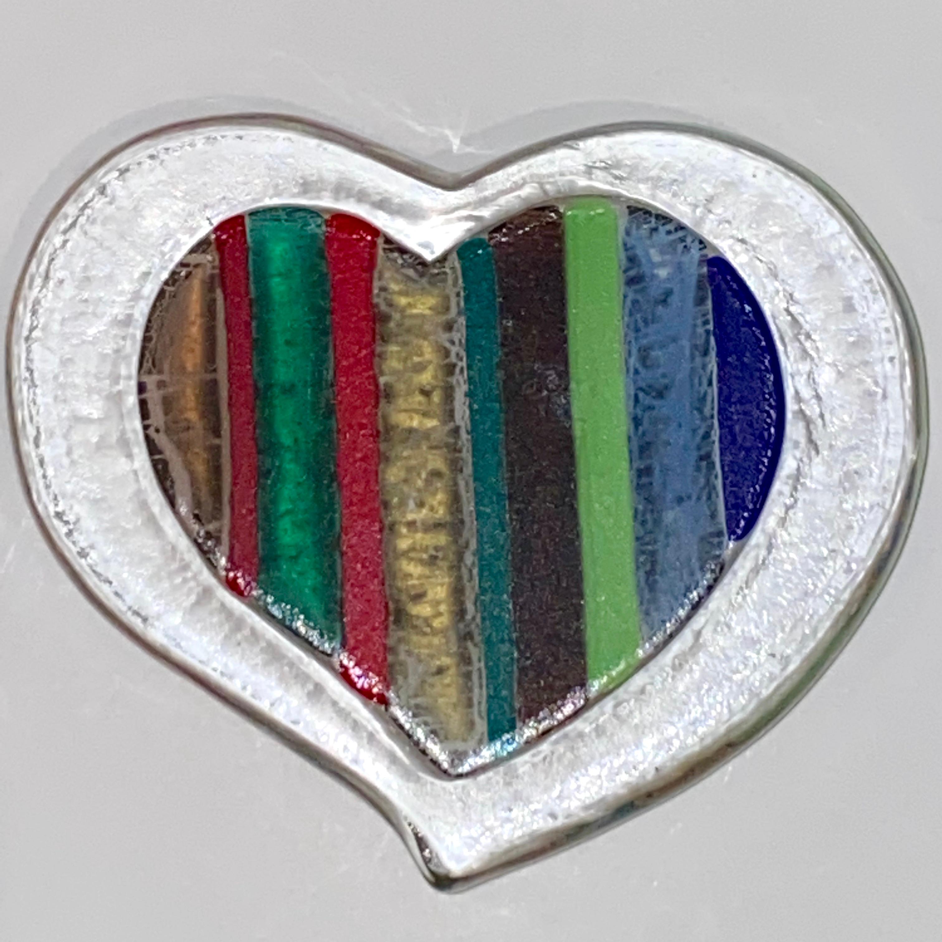 Contemporary Italian organic HEART paperweight with striped post-modern decor, exclusive for Cosulich Interiors & Antiques by Veve Glass, entirely handcrafted in colored Murano glass, royal blue, gold, black, red, dark green, and apple green jade