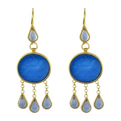 Italian Crystal Blue Intaglio Vermeil Pendant Earrings