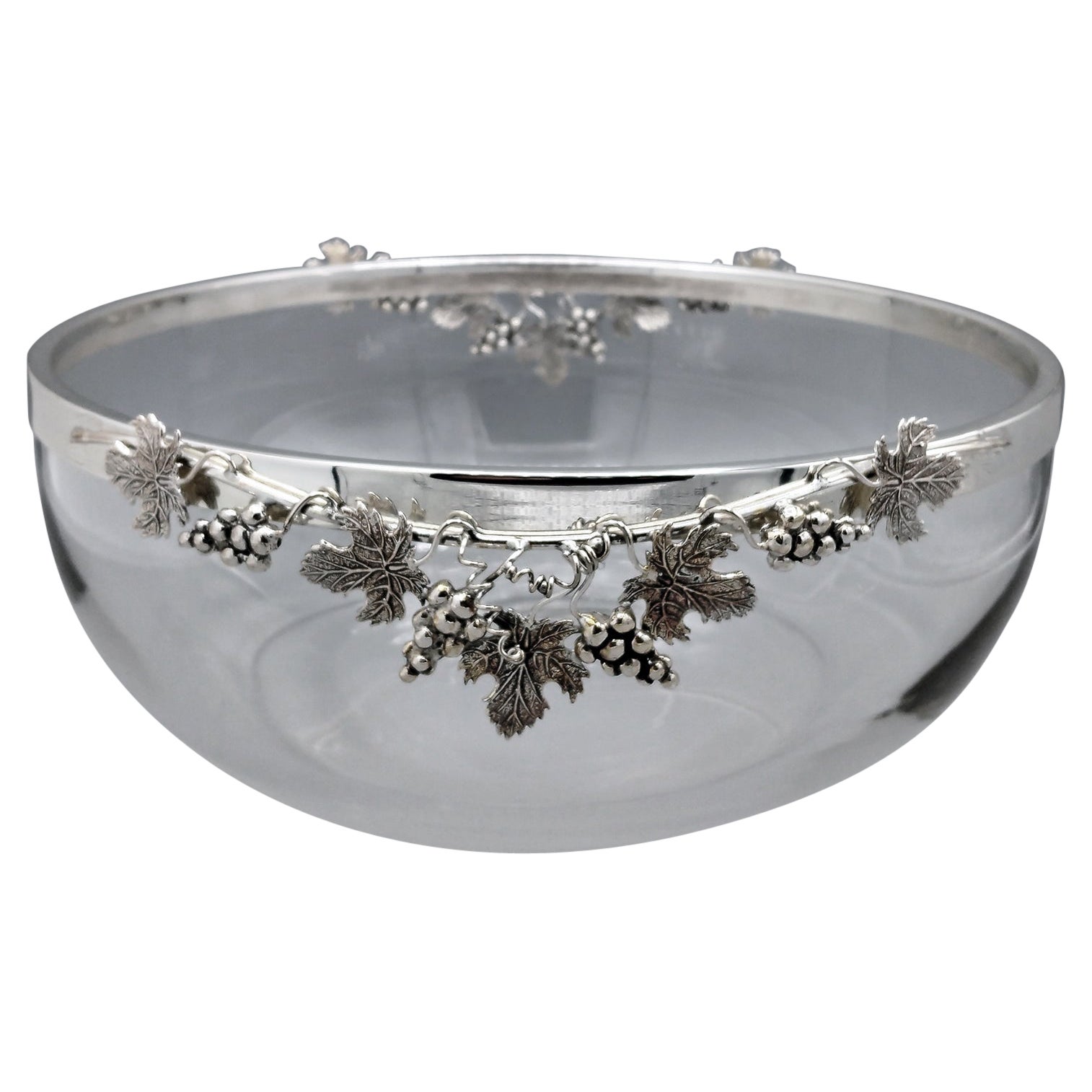 Coupe en cristal italien avec bordure et décoration raisins en argent 800