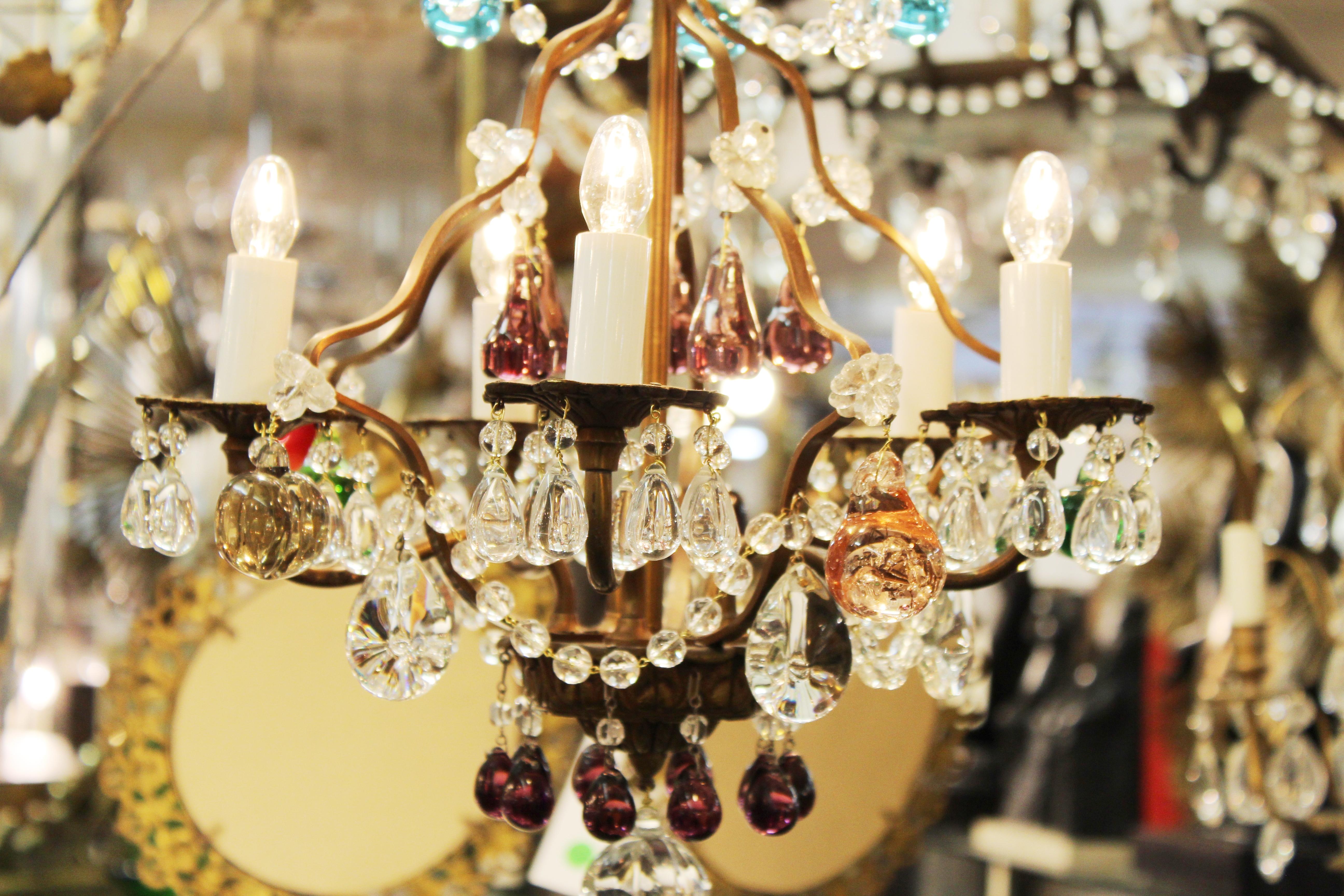 Italian Crystal & Brass Diminutive Chandelier With Multi-Colored Fruit Pendants 3