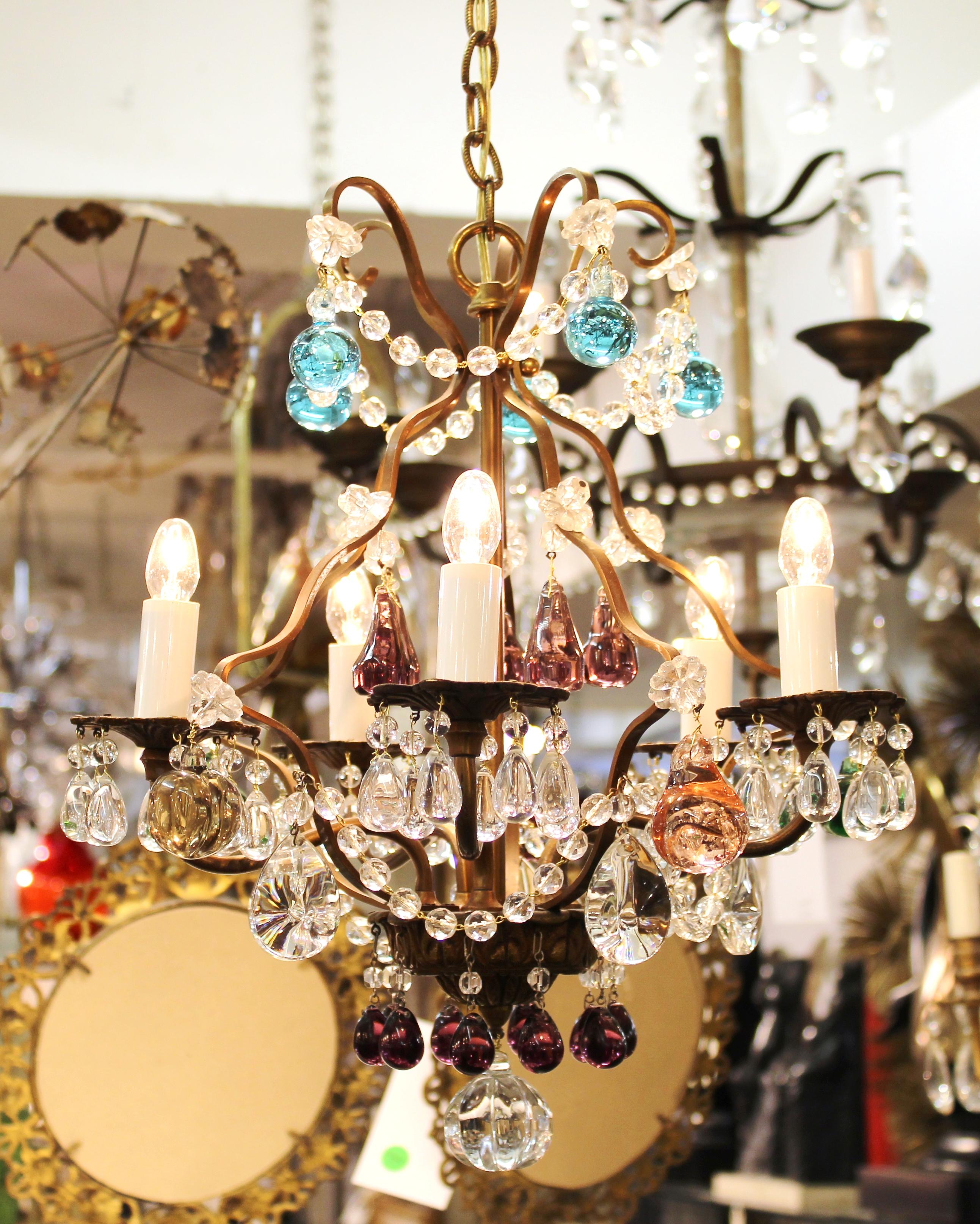 Italian Mid-Century Modern crystal and brass diminutive chandelier with Italian crystals and multi-colored glass fruit, made in Italy during the 1950's. Rewired and restored, unsigned.