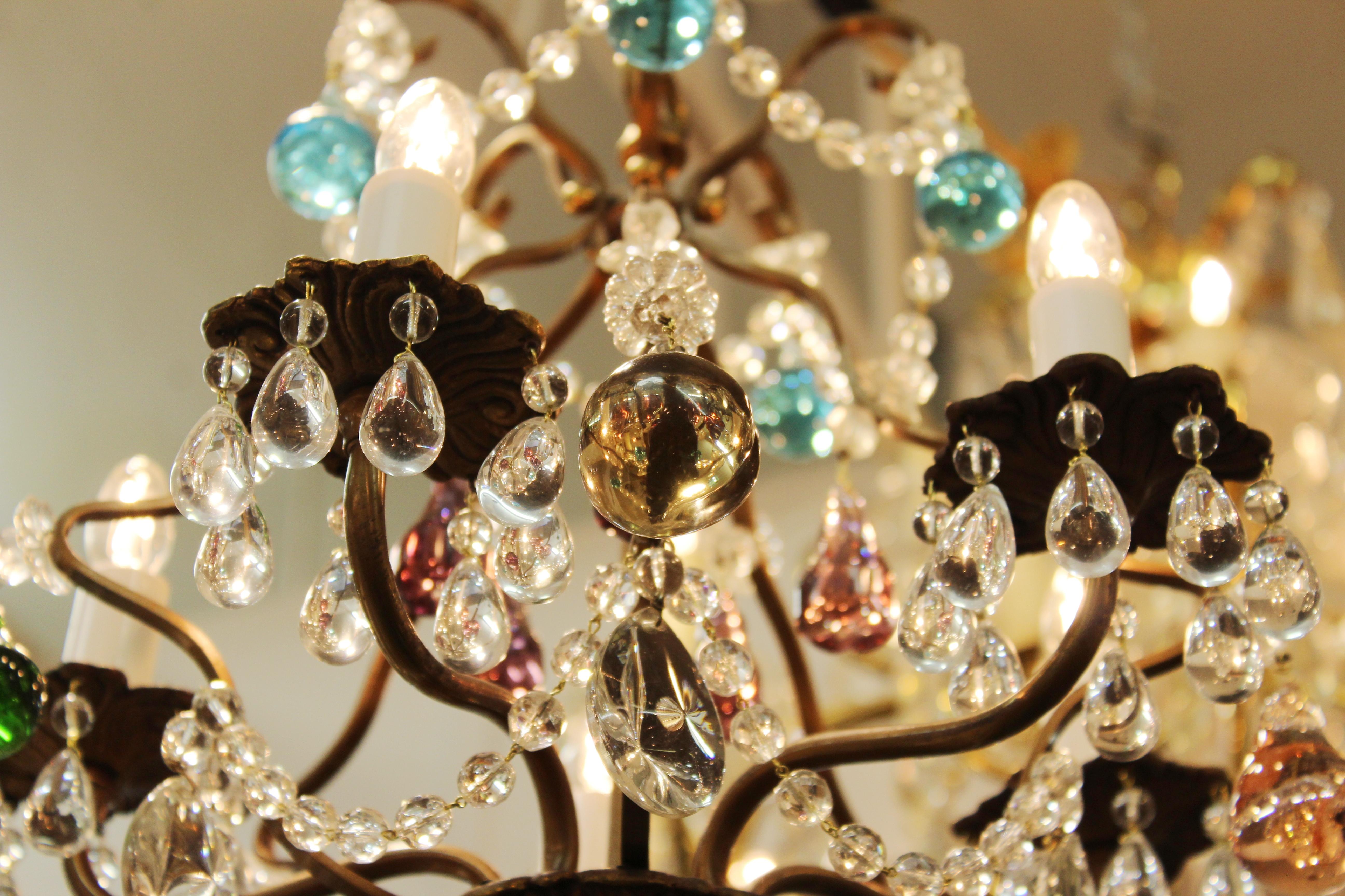 Hollywood Regency Italian Crystal & Brass Diminutive Chandelier With Multi-Colored Fruit Pendants