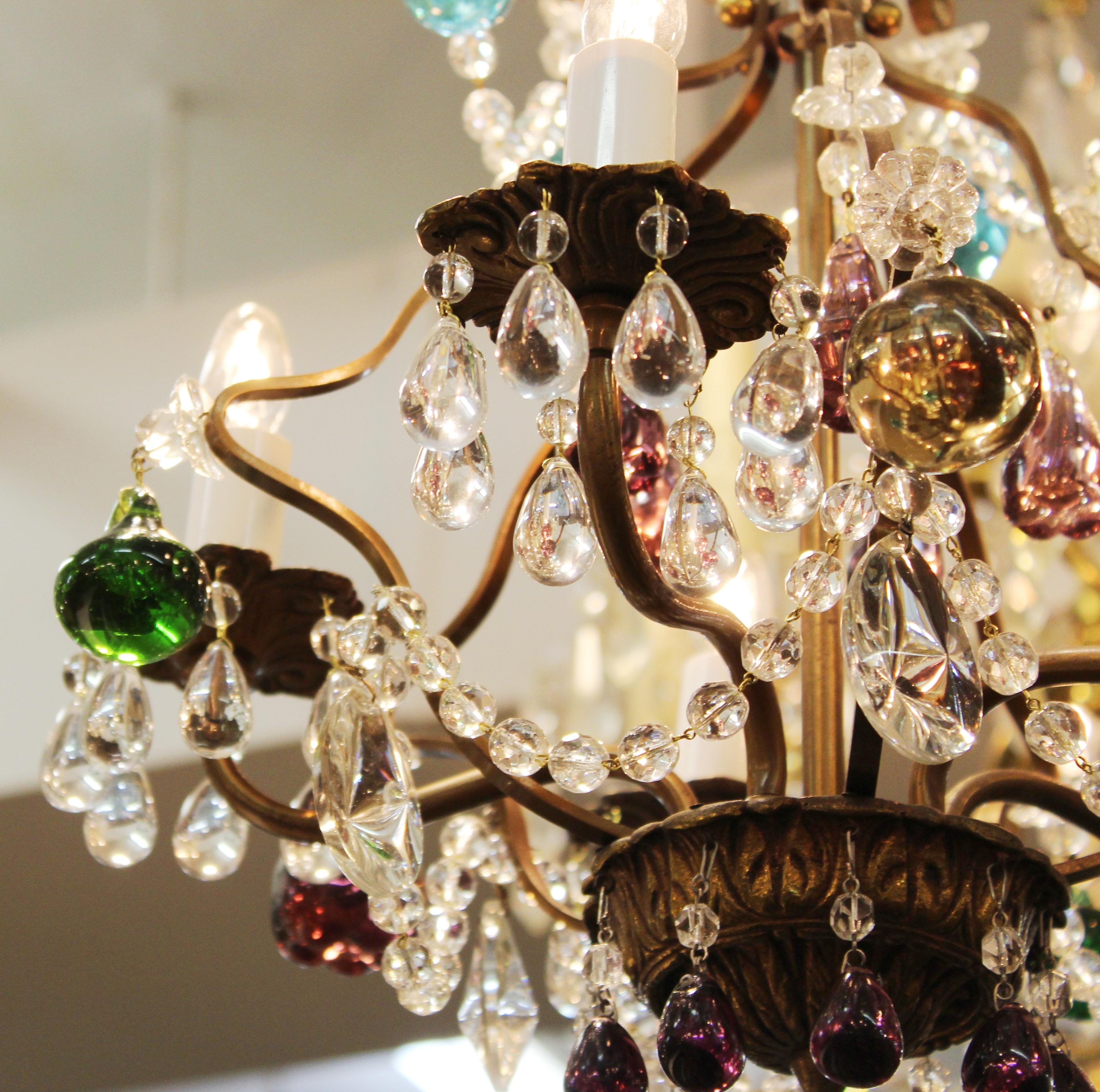 Italian Crystal & Brass Diminutive Chandelier With Multi-Colored Fruit Pendants In Good Condition In Astoria, NY