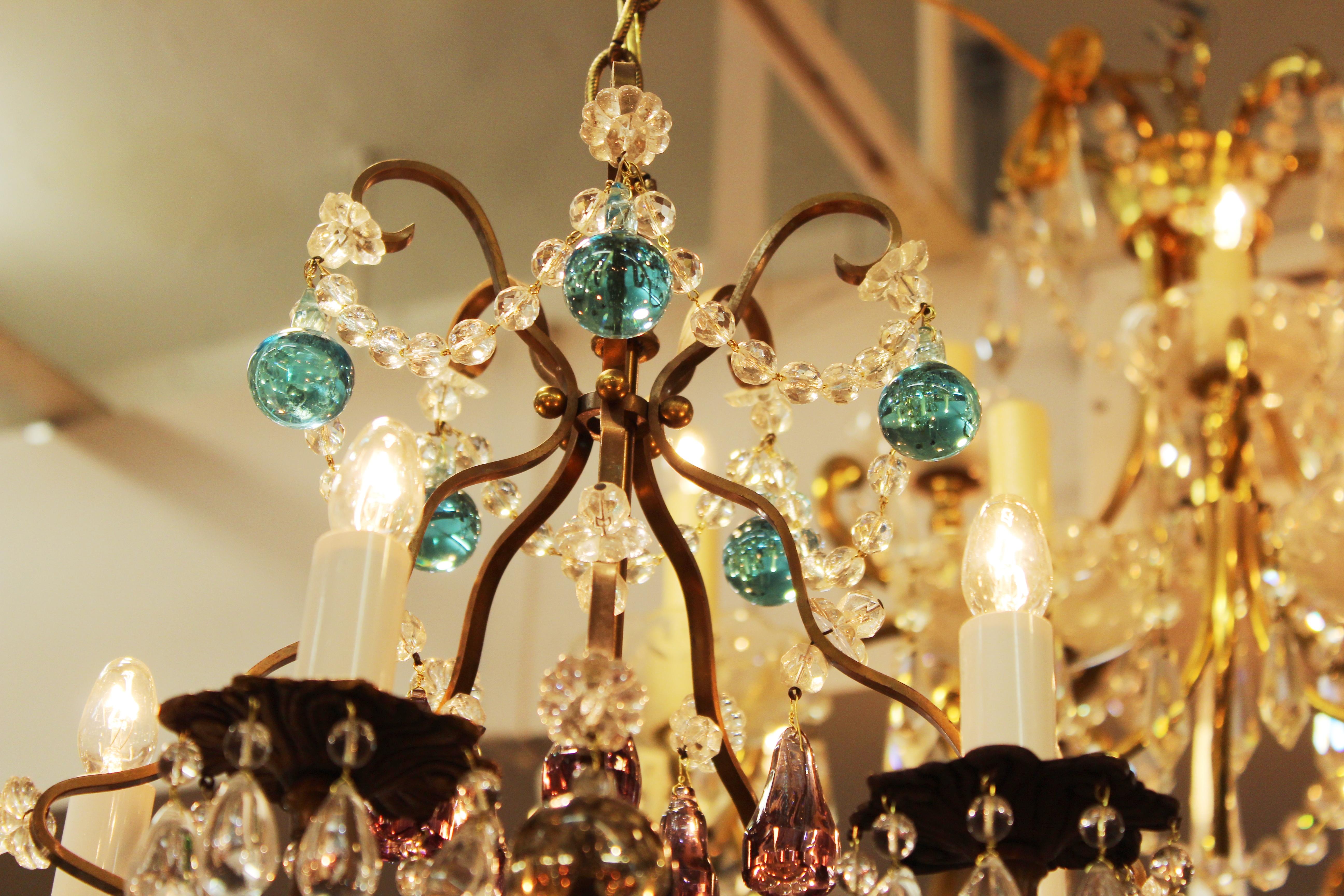 Mid-20th Century Italian Crystal & Brass Diminutive Chandelier With Multi-Colored Fruit Pendants