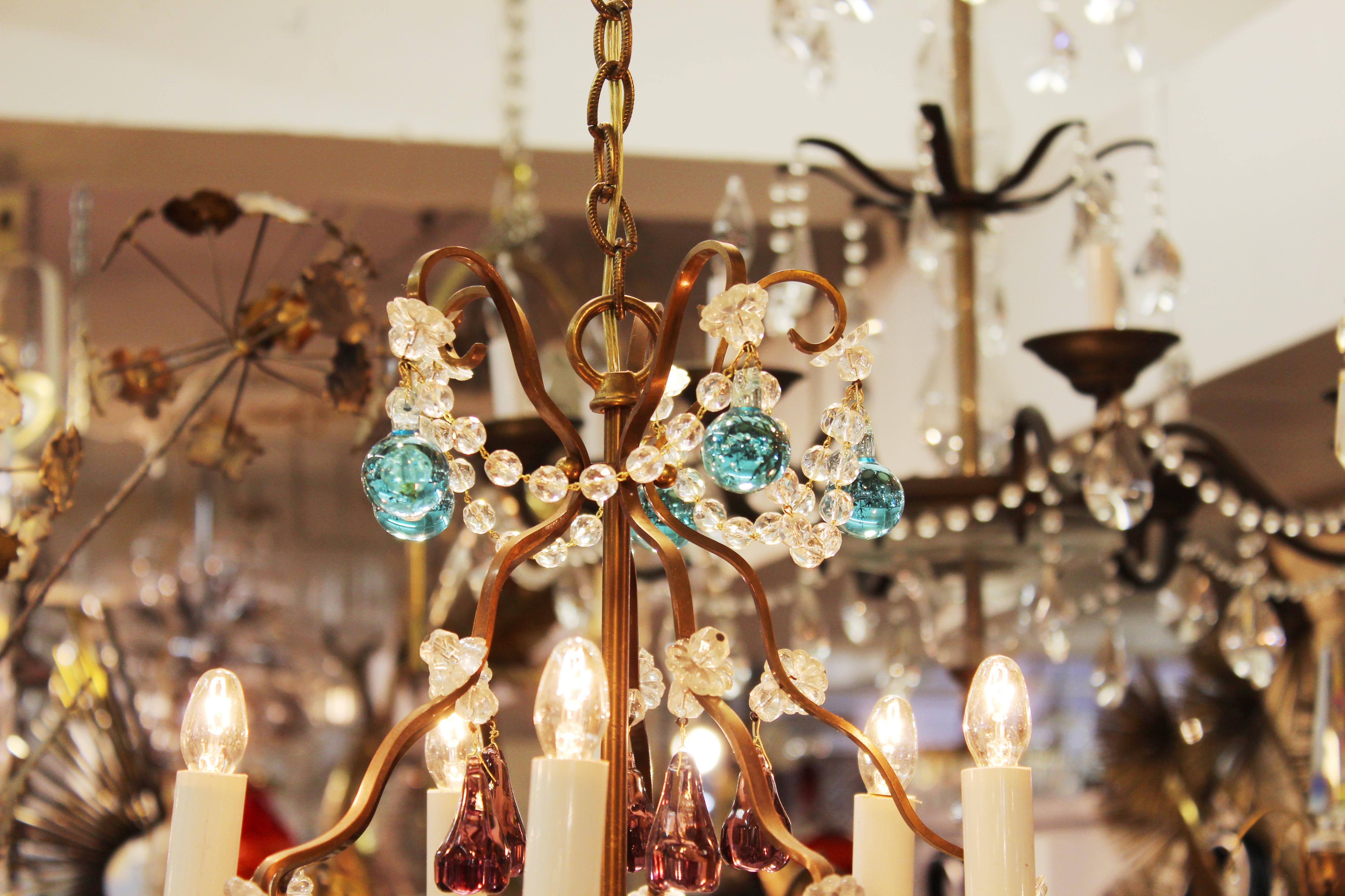 Italian Crystal & Brass Diminutive Chandelier With Multi-Colored Fruit Pendants 2
