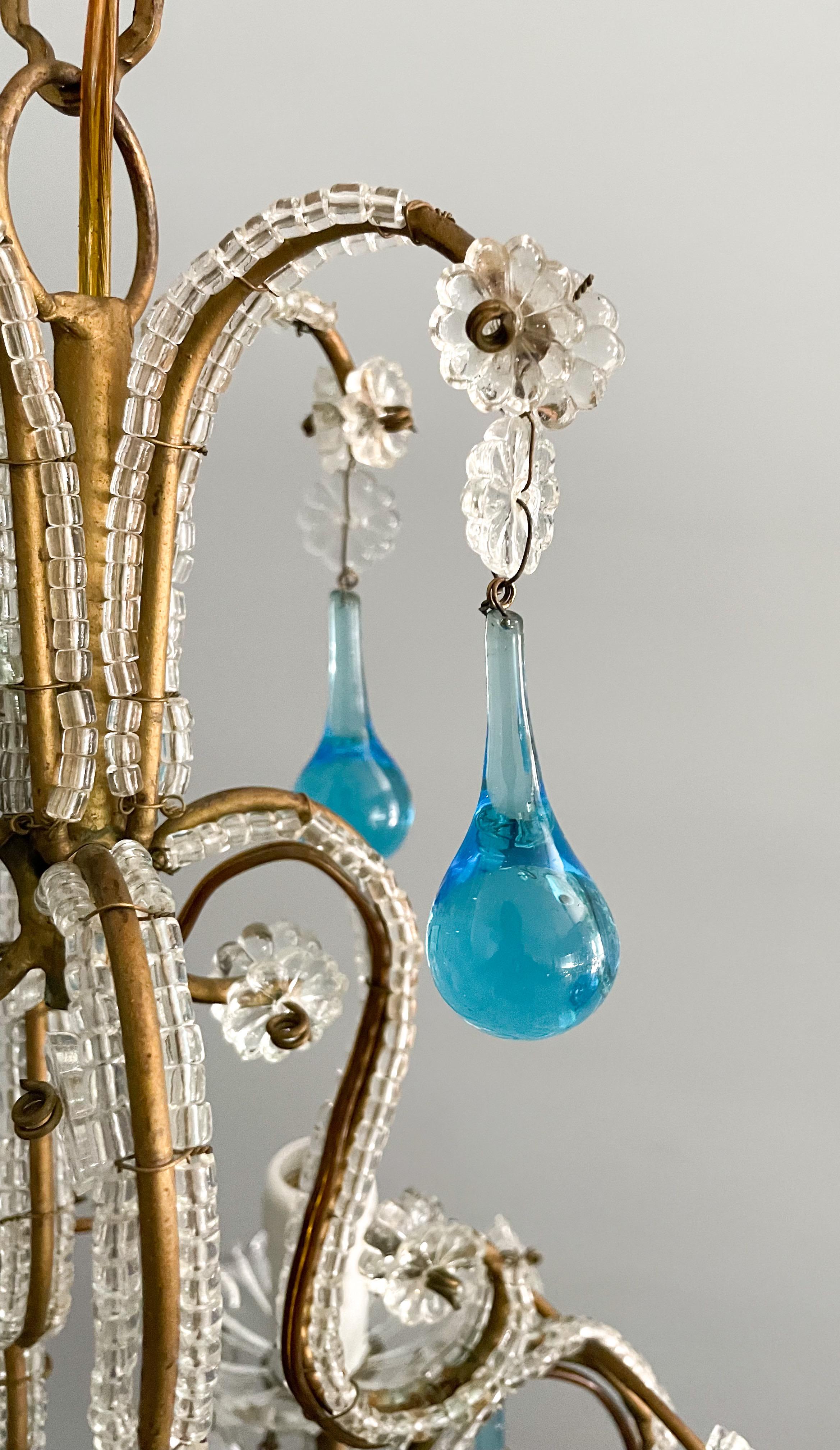Italian Crystal Chandelier with Blue Drops In Good Condition In Los Angeles, CA