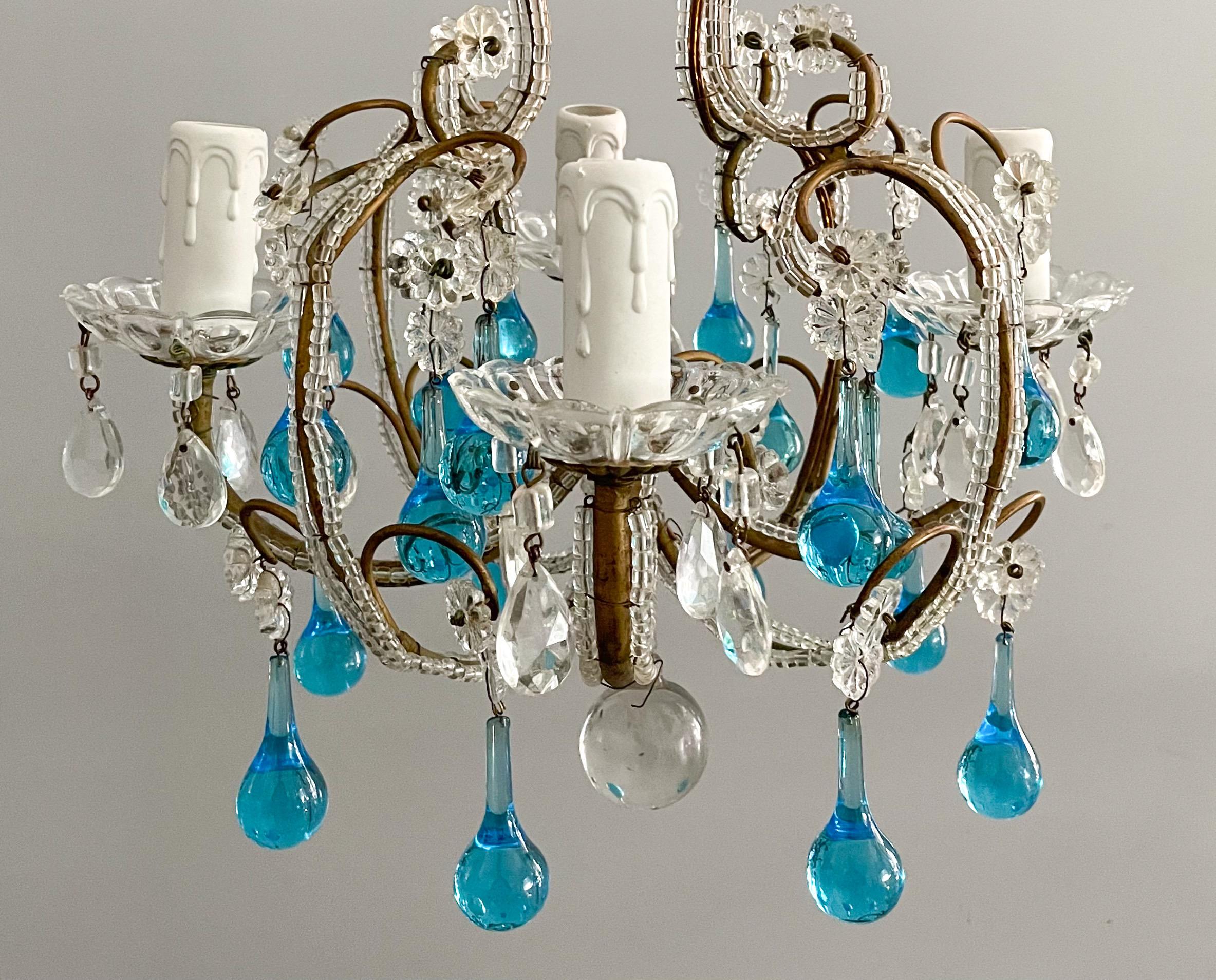 Mid-20th Century Italian Crystal Chandelier with Blue Drops