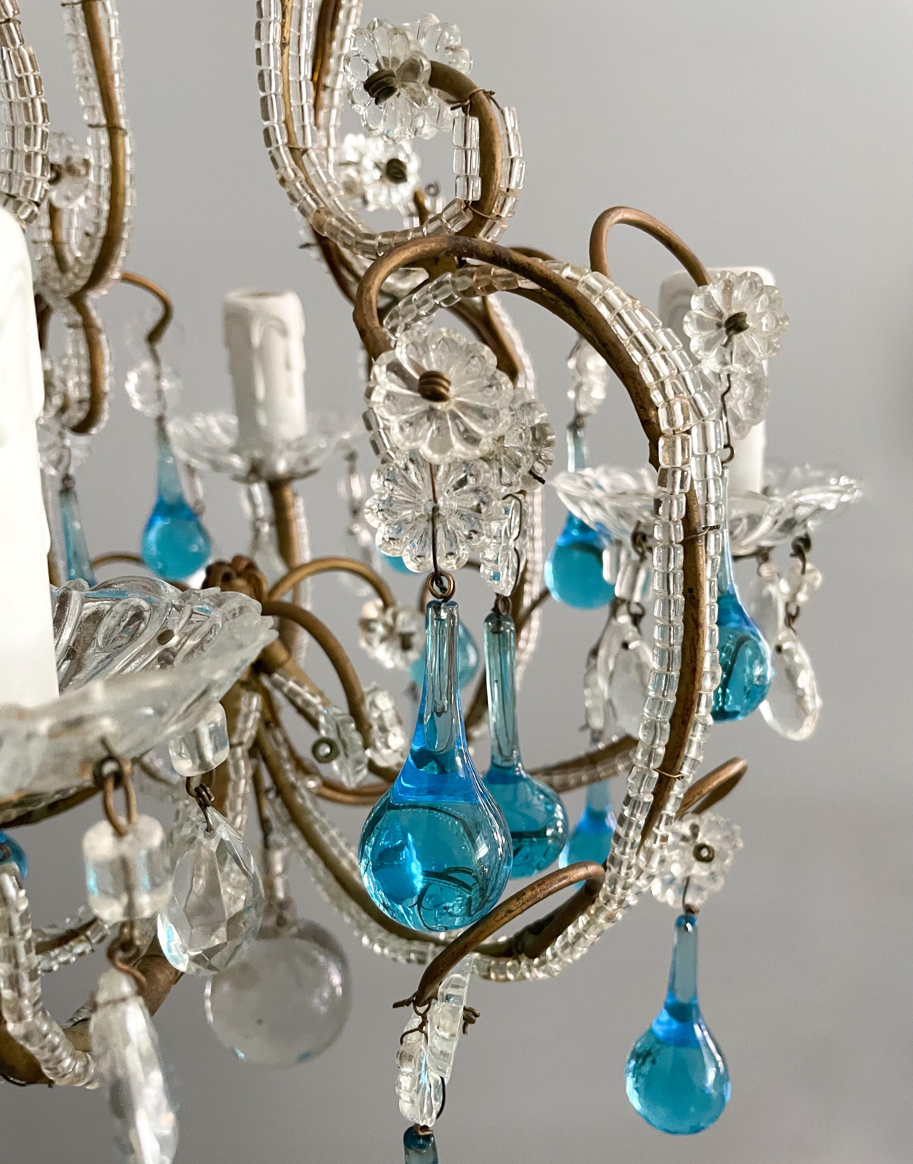 Art Glass Italian Crystal Chandelier with Blue Drops