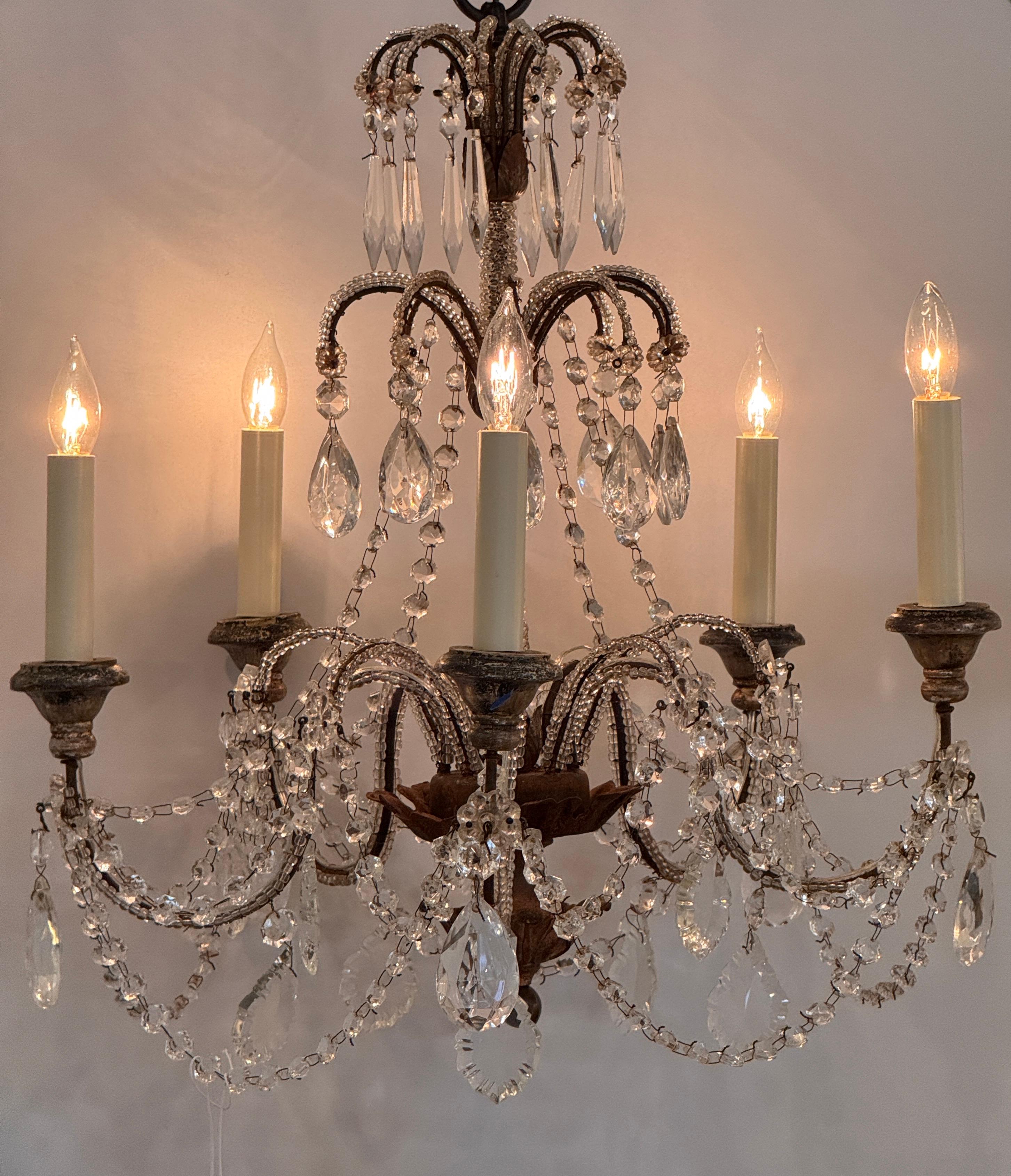 Metal Italian Crystal Chandelier With Draped Beading For Sale
