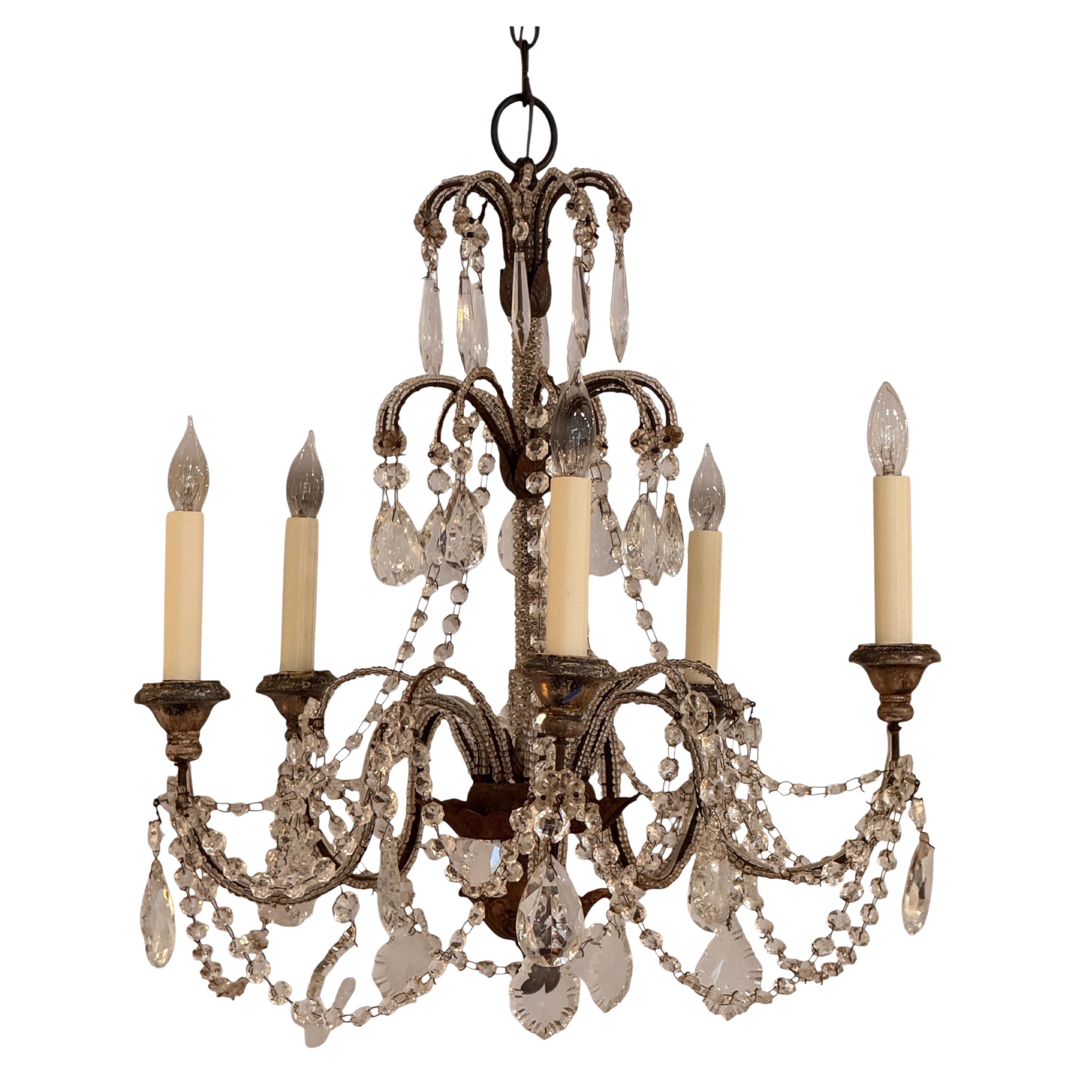 Italian Crystal Chandelier With Draped Beading For Sale