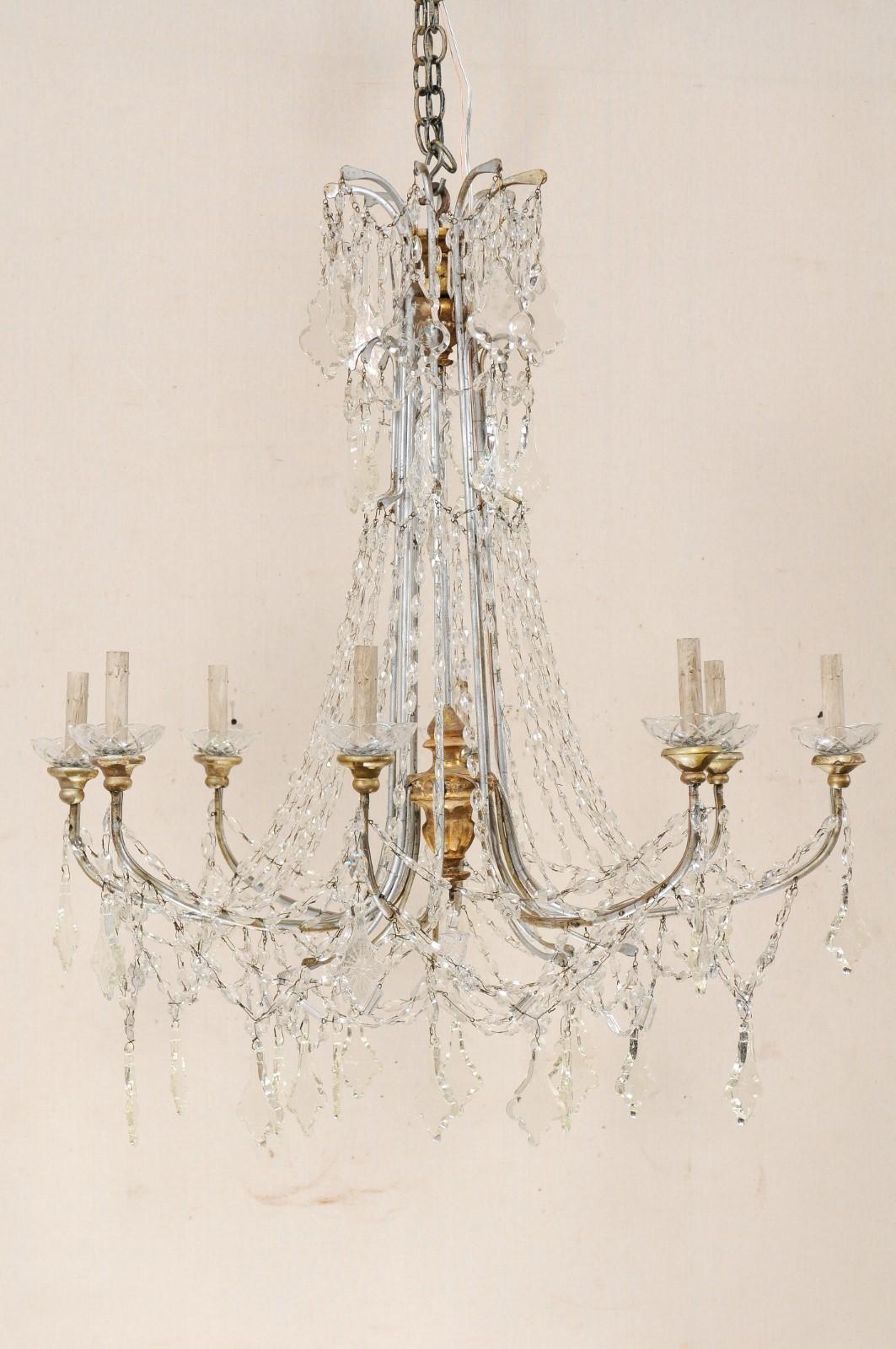 Beaded Italian Crystal Eight-Light Chandelier w/ Two-Tiered Waterfall Top, Mid-20th C.