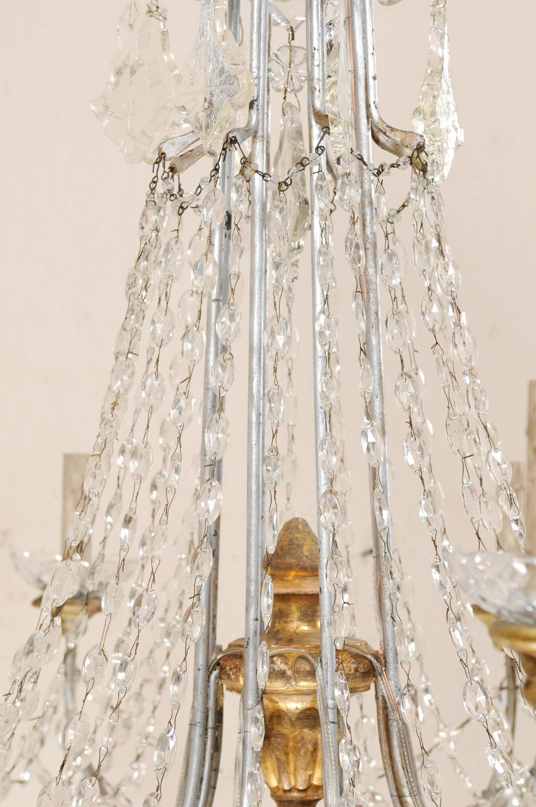 20th Century Italian Crystal Eight-Light Chandelier w/ Two-Tiered Waterfall Top, Mid-20th C.