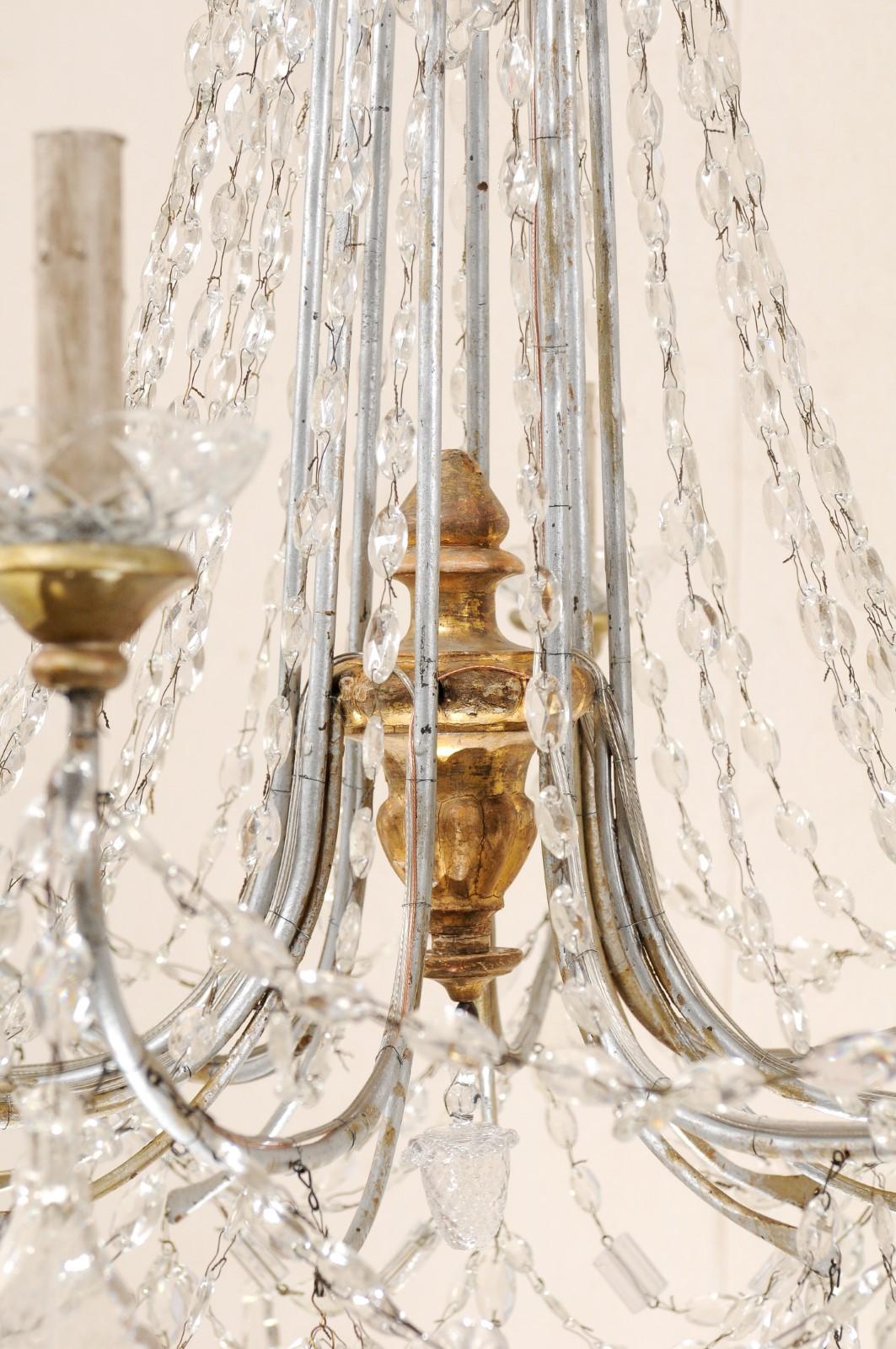 Metal Italian Crystal Eight-Light Chandelier w/ Two-Tiered Waterfall Top, Mid-20th C.