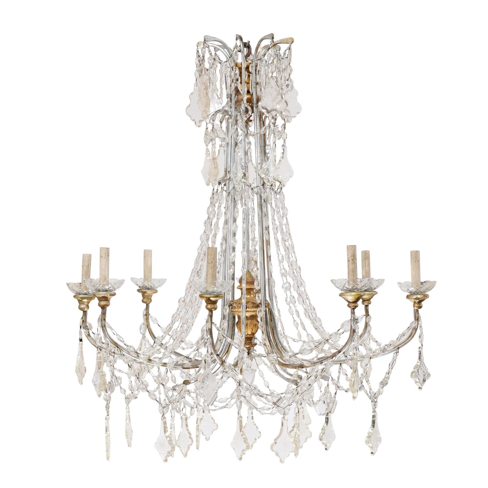 Italian Crystal Eight-Light Chandelier w/ Two-Tiered Waterfall Top, Mid-20th C.