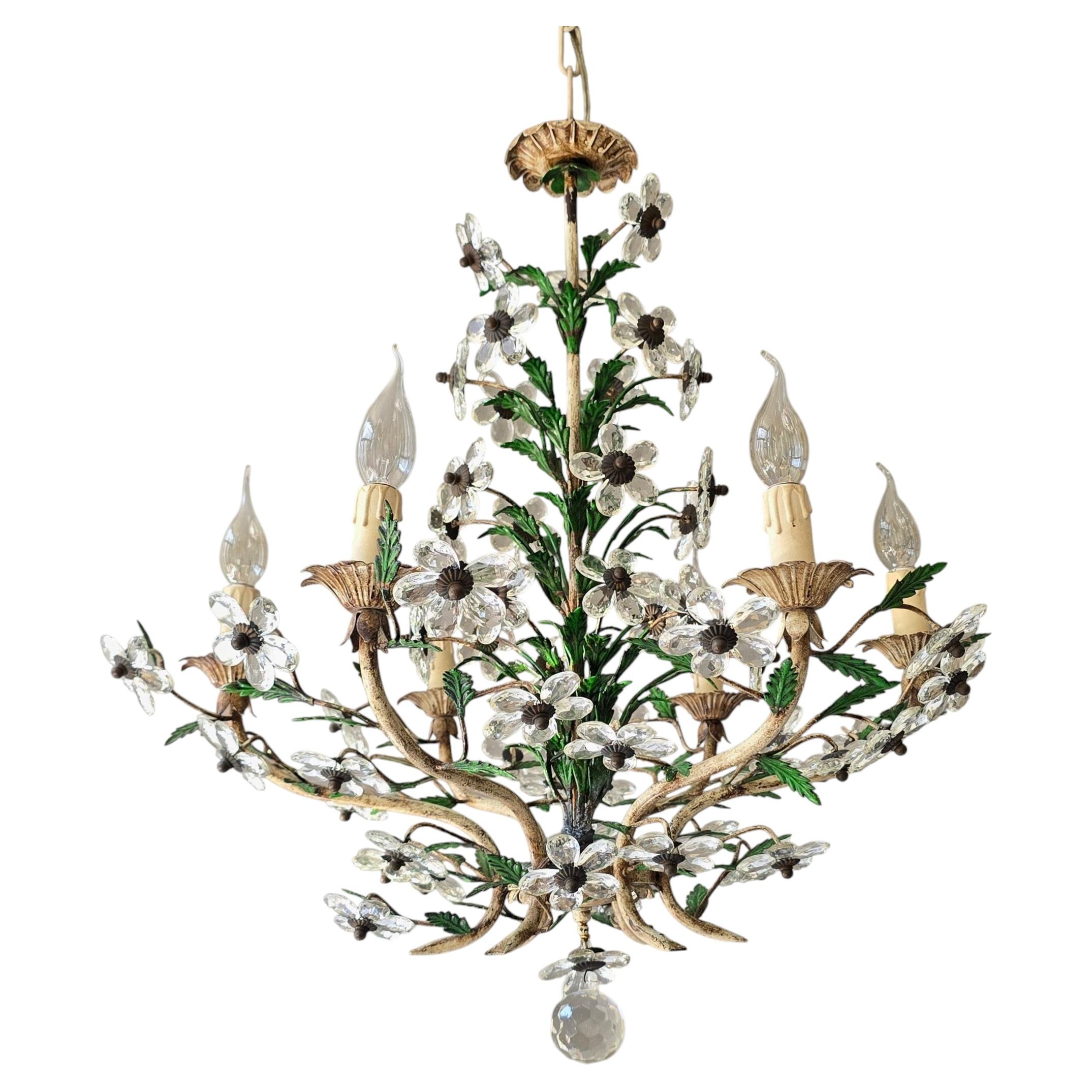 Italian Crystal Flower Chandelier with 58 Crystal Flowers, Six Lights, 1960s