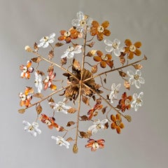 Italian Crystal Flower Flush Mount Ceiling Light with 24 Crystal Flowers, 1970s