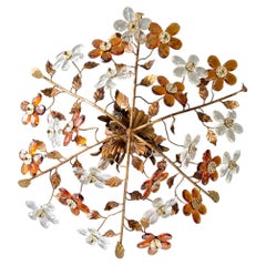 Italian Crystal Flower Flush Mount Ceiling Light with 24 Crystal Flowers, 1970s