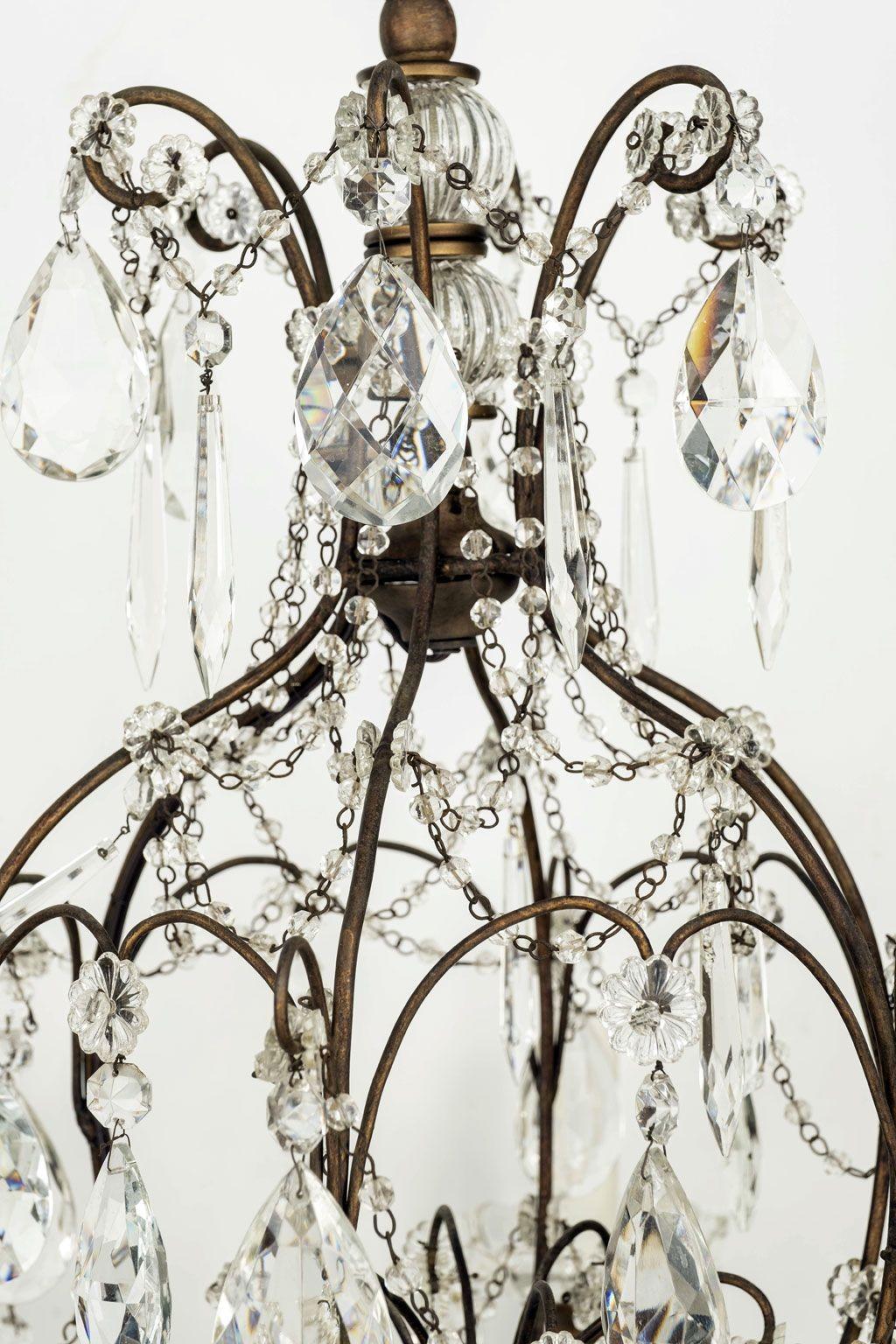 20th Century Italian Crystal, Giltwood and Iron Chandelier For Sale
