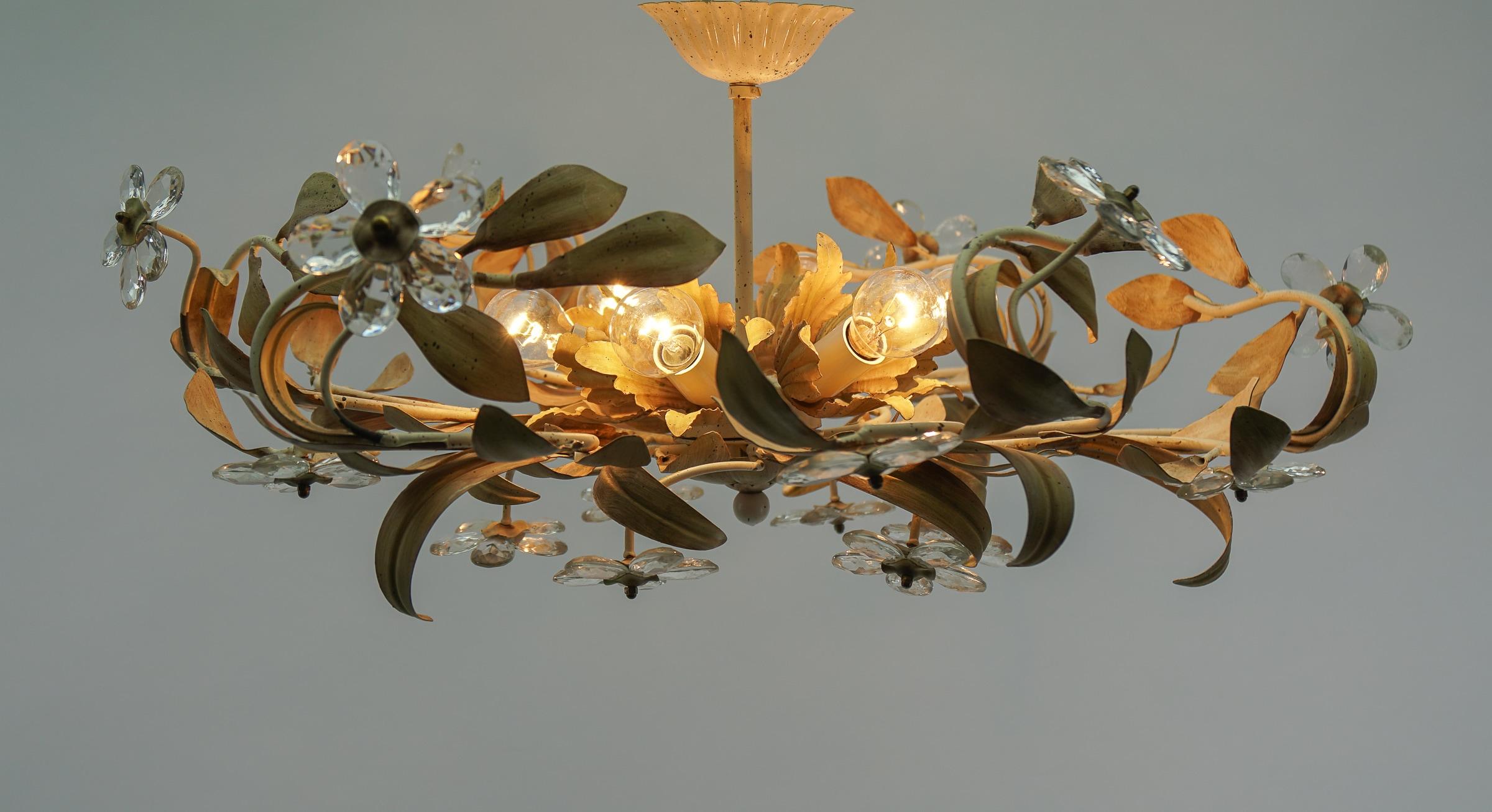 Mid-Century Modern Italian Crystal Glass and Metal Florentine Ceiling Lamp by Banci Firenze, 1960s For Sale
