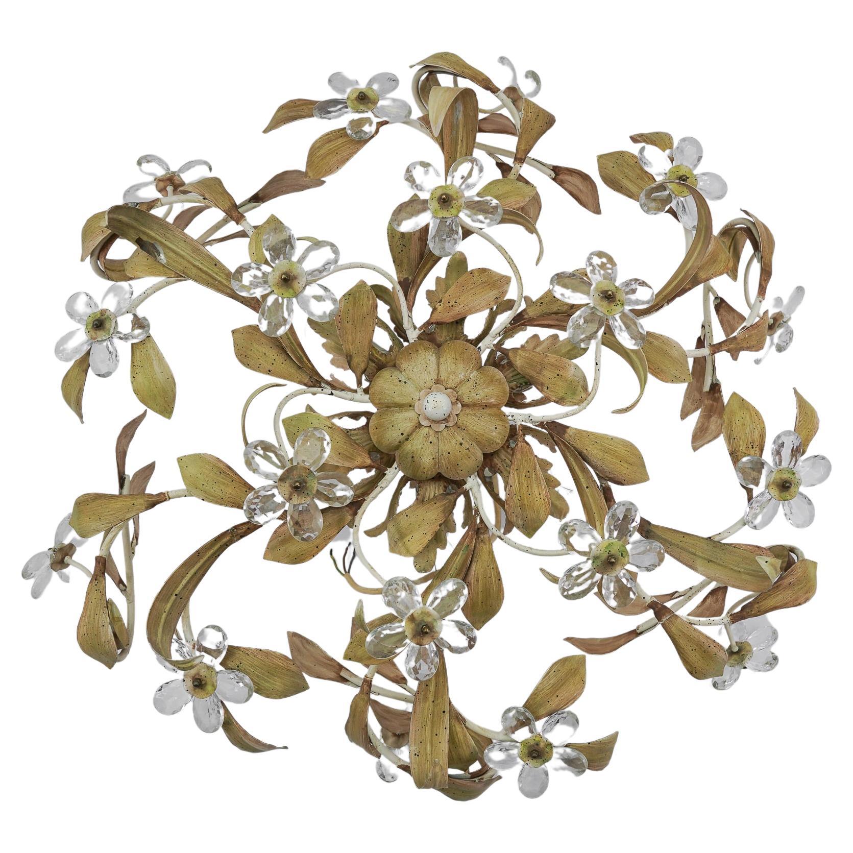 Italian Crystal Glass and Metal Florentine Ceiling Lamp by Banci Firenze, 1960s For Sale
