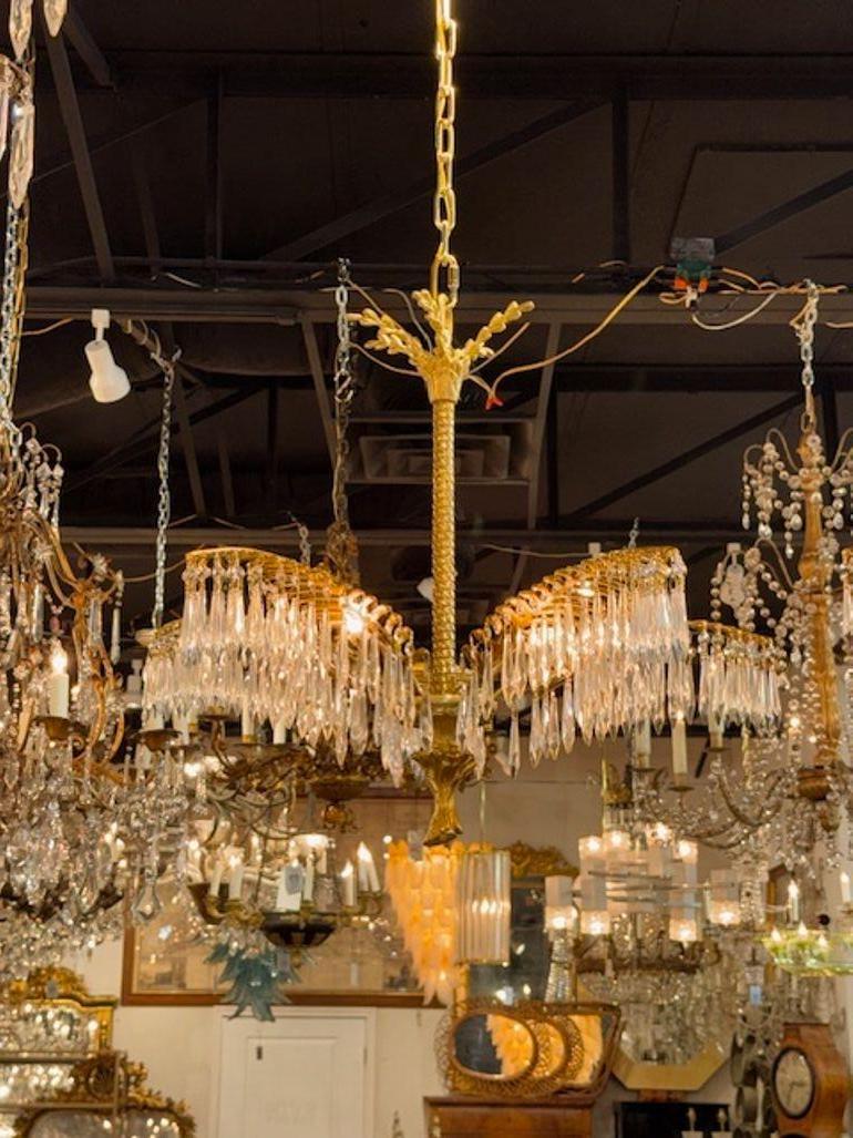 Lampadario a forma di palma in bronzo dorato e cristallo, stile Jansen, di ottima qualità. Il lampadario è stato ricablato professionalmente e viene fornito con catena e baldacchino coordinati. È pronto per essere appeso! 26h x 32w
