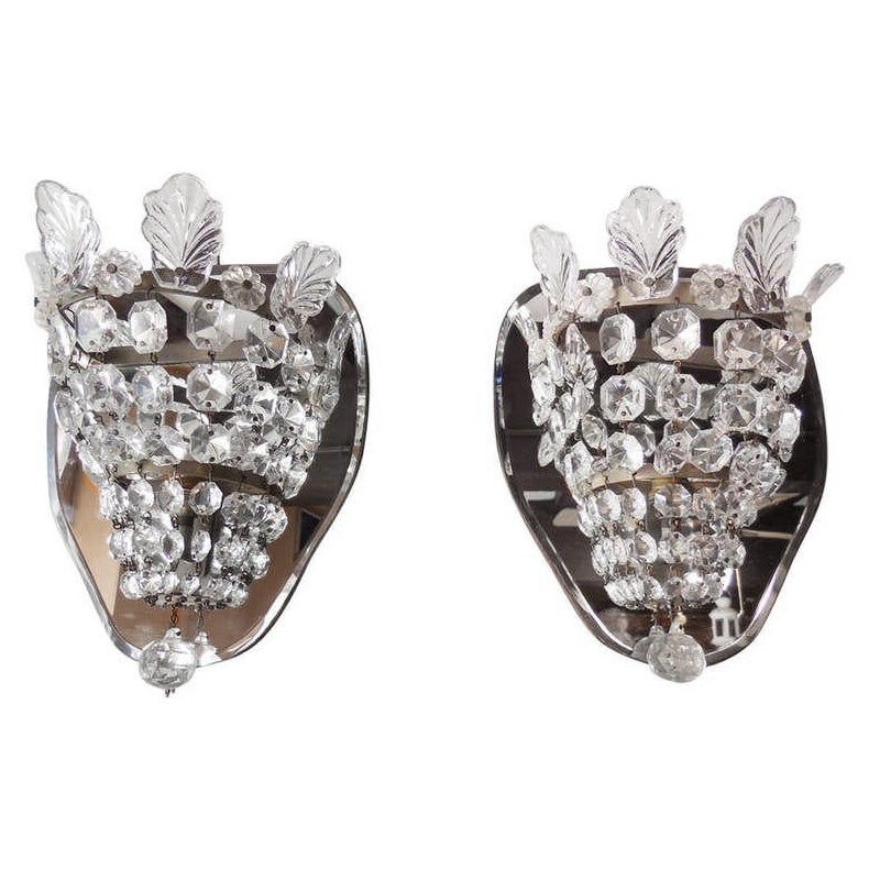 Italian Crystal Prism and Leaves Mirror Sconces Midcentury 1950 For Sale